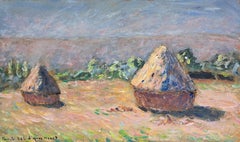Haystacks in a Sunlit Filed Rural Summer Landscape Oil Painting