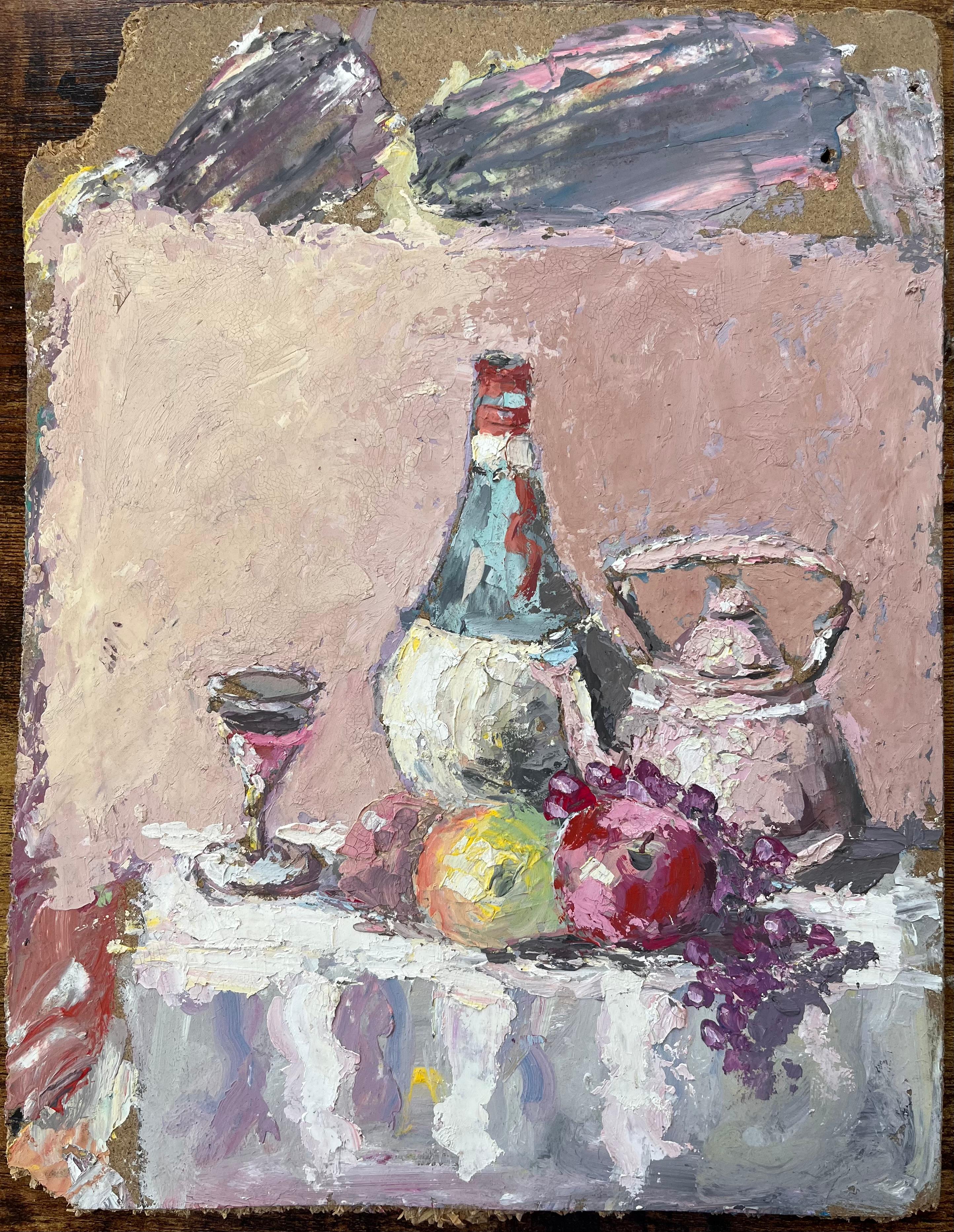 Impasto-Stillleben mit Chianti-Flaschenflasche, Zinnkrug und Obst aus Zinn auf Leinen – Painting von Fanch Lel