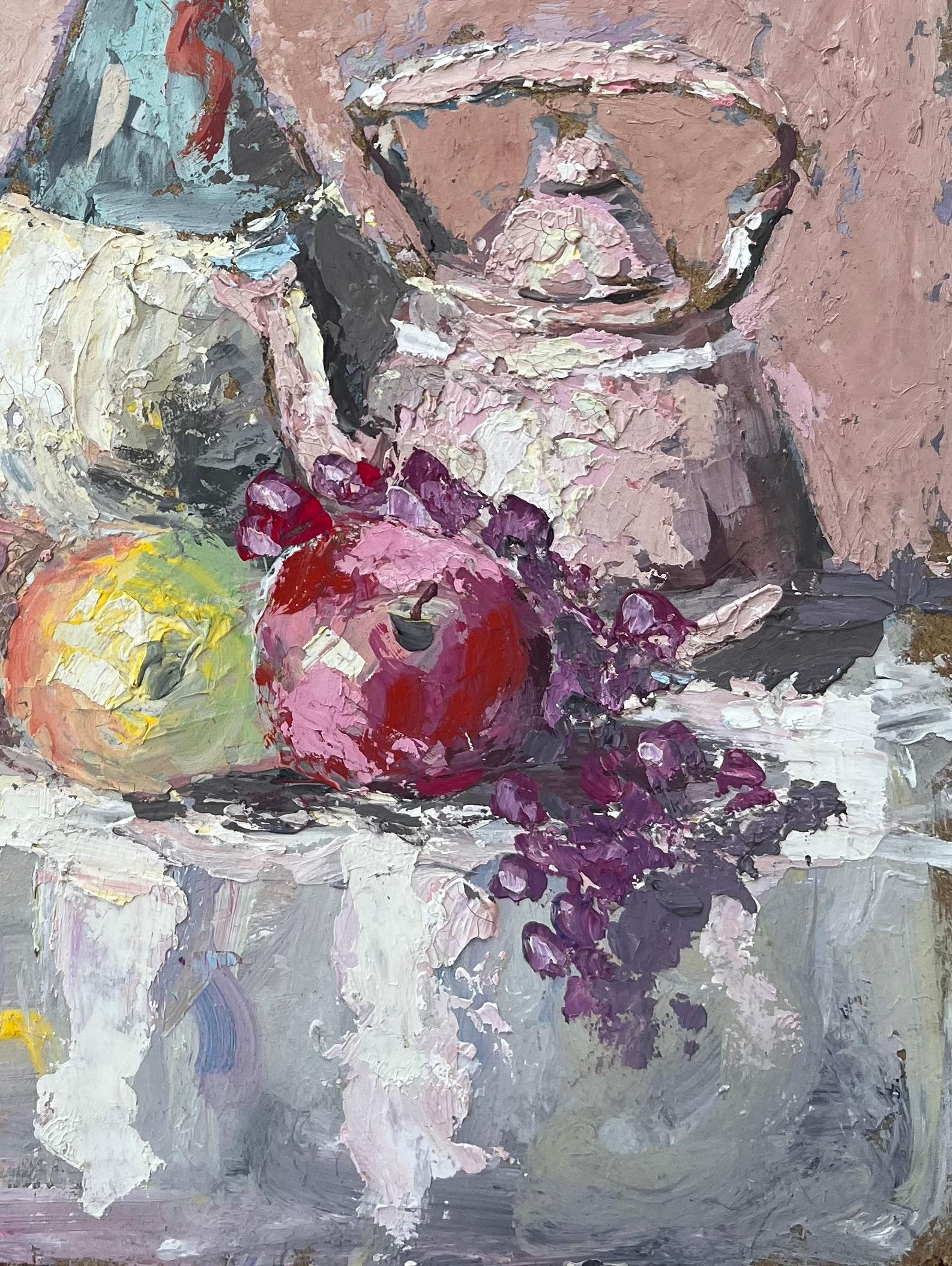 Impasto-Stillleben mit Chianti-Flaschenflasche, Zinnkrug und Obst aus Zinn auf Leinen (Impressionismus), Painting, von Fanch Lel