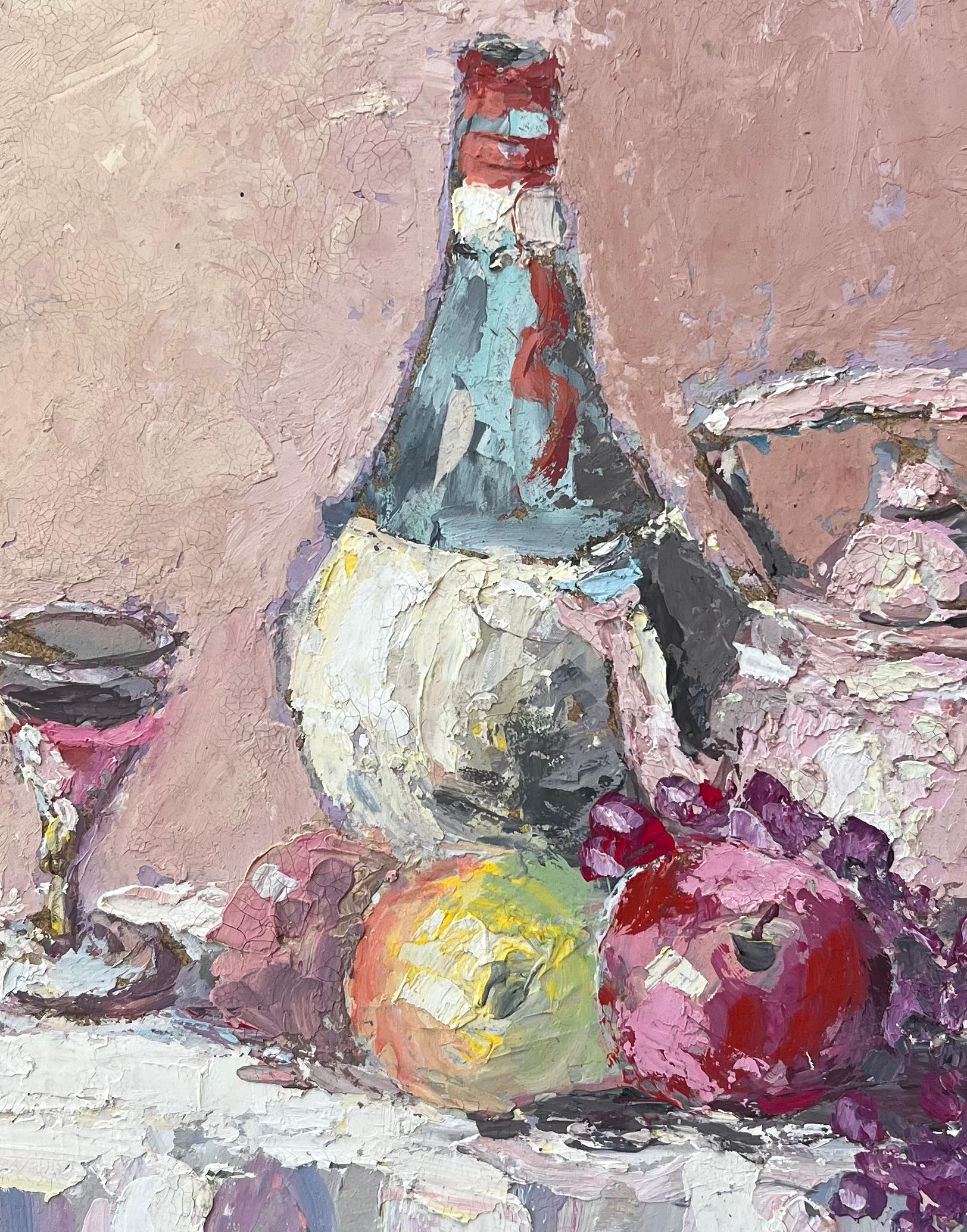 Impasto-Stillleben mit Chianti-Flaschenflasche, Zinnkrug und Obst aus Zinn auf Leinen im Angebot 2
