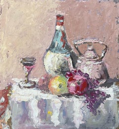 Impasto Still Life with Chianti Bottle Wine Glass Pewter Jug and Fruit on Linen