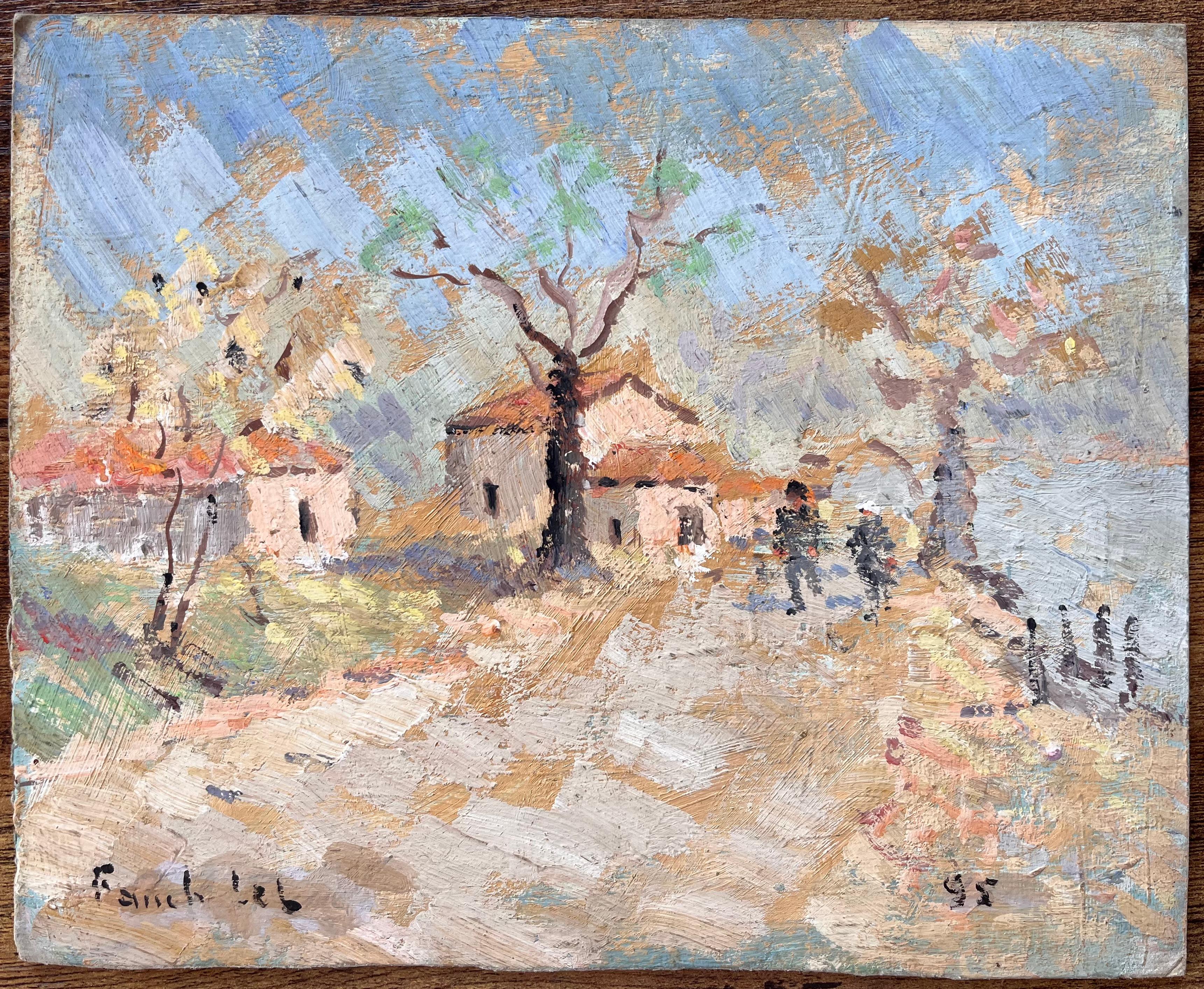 Impressionistische Herbstlandschaft mit Pfadebäumen und Dorfhäusern in Frankreich – Painting von Fanch Lel