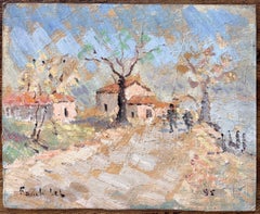 Paisaje otoñal impresionista con árboles de sendero y casas de pueblo en Francia