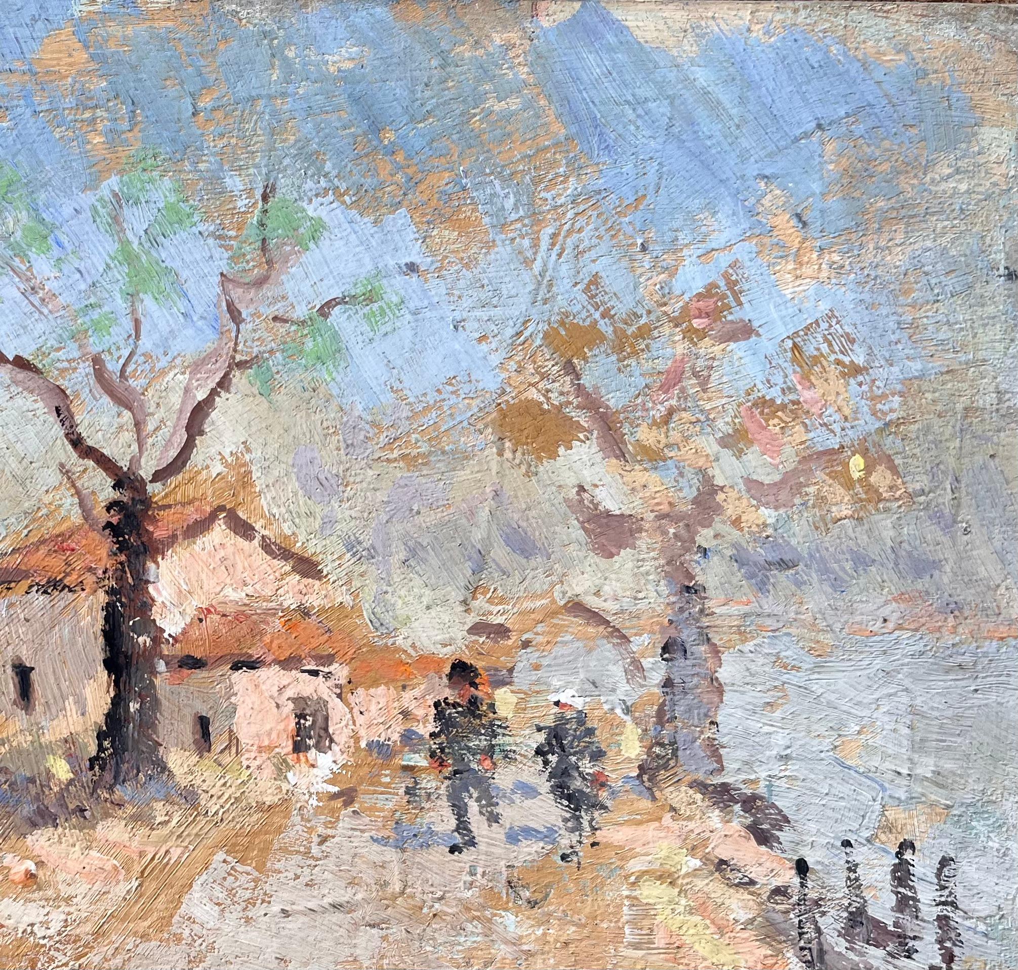 Impressionistische Herbstlandschaft mit Pfadebäumen und Dorfhäusern in Frankreich (Impressionismus), Painting, von Fanch Lel