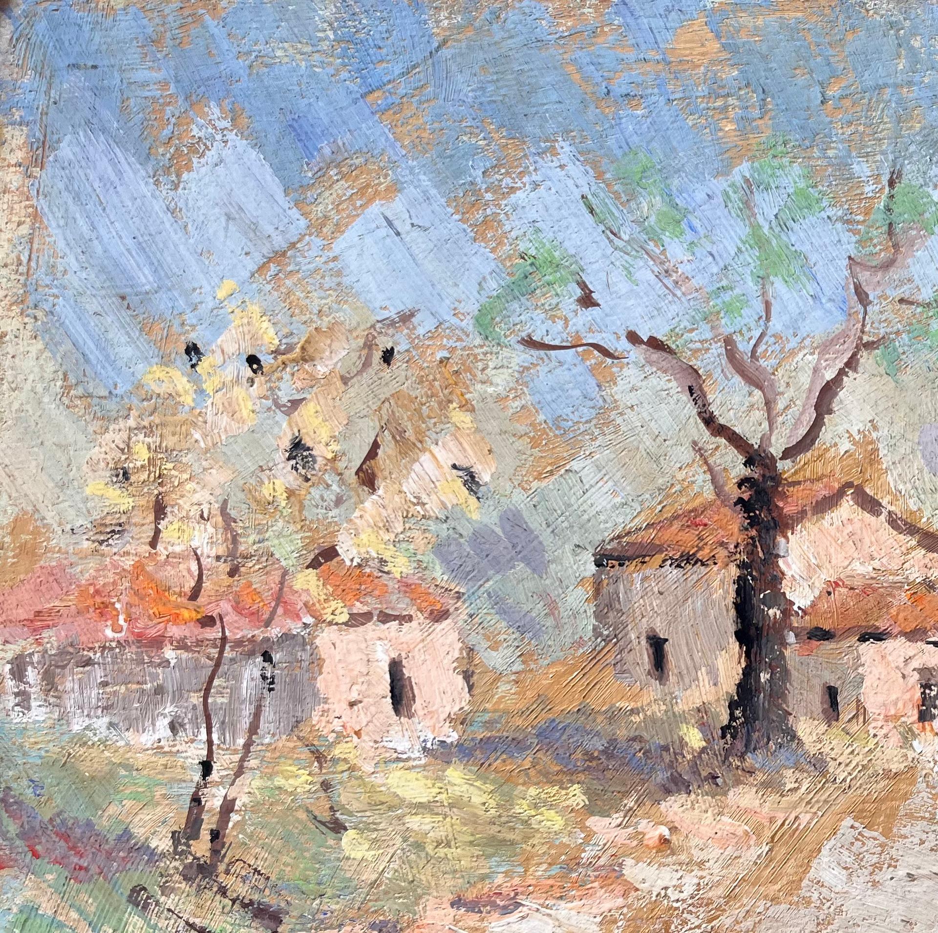 Impressionistische Herbstlandschaft mit Pfadebäumen und Dorfhäusern in Frankreich (Grau), Landscape Painting, von Fanch Lel