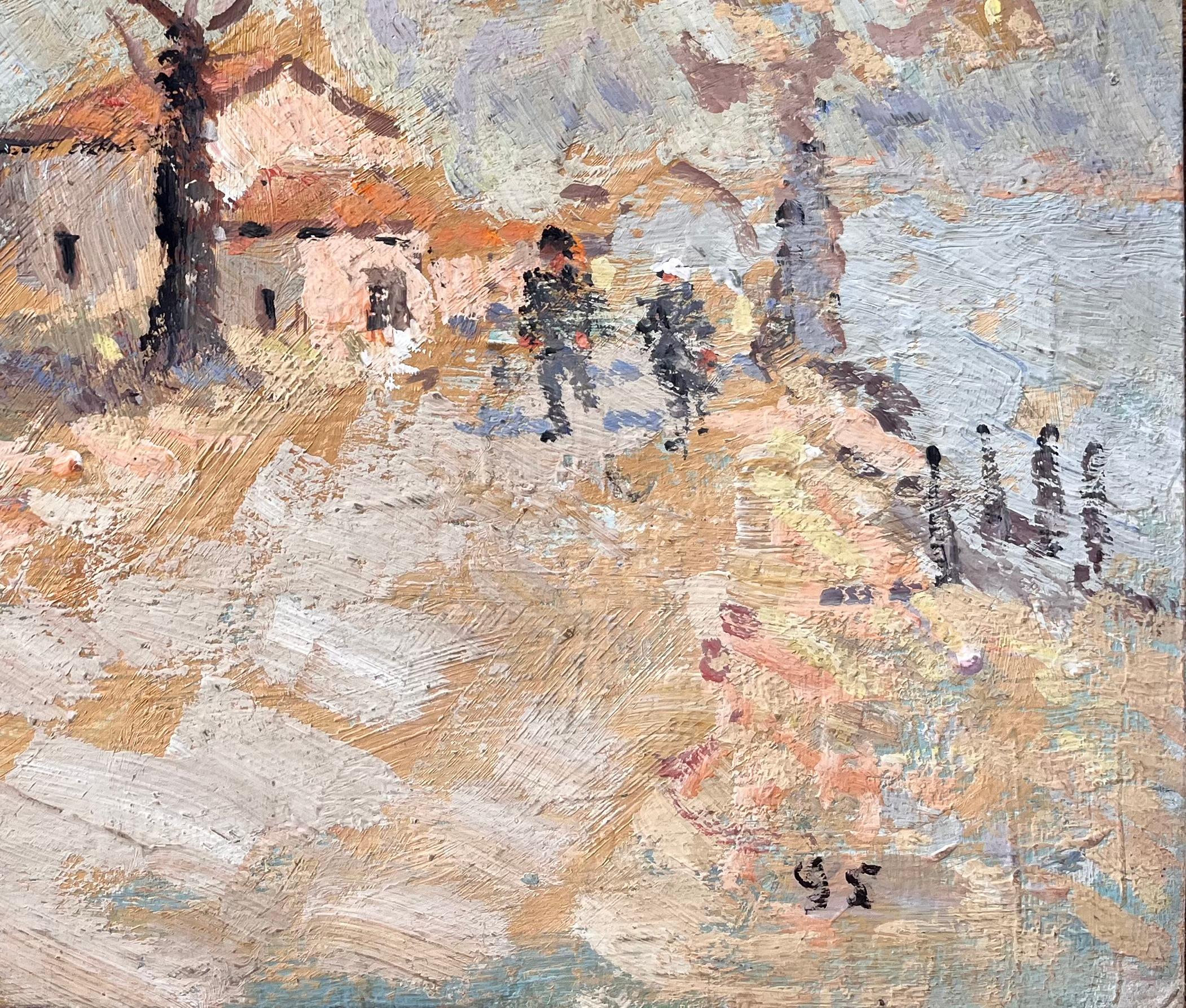 Titel: Impressionistische Herbstlandschaft mit Wegbäumen und Dorfhäusern in Frankreich
von Fanch Lel
Unterschrieben: Ja
Größe: 8,5 Zoll (Höhe) x 10,75 Zoll (Breite)
Medium: Öl auf Karton, ungerahmt
Zustand: Das Gemälde ist in gutem Zustand mit