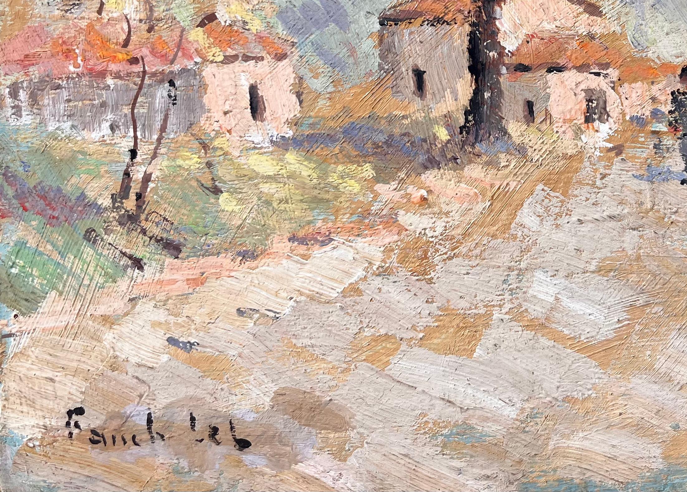Impressionistische Herbstlandschaft mit Pfadebäumen und Dorfhäusern in Frankreich im Angebot 1