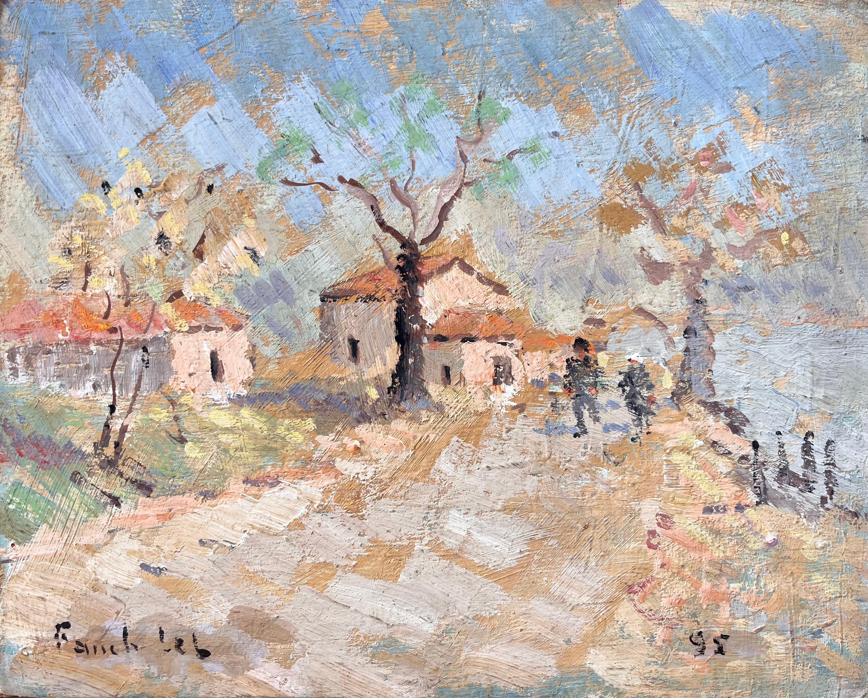 Impressionist Autumn Landscape with Path Trees and Village Houses in France