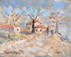 Impressionist Autumn Landscape with Path Trees and Village Houses in France