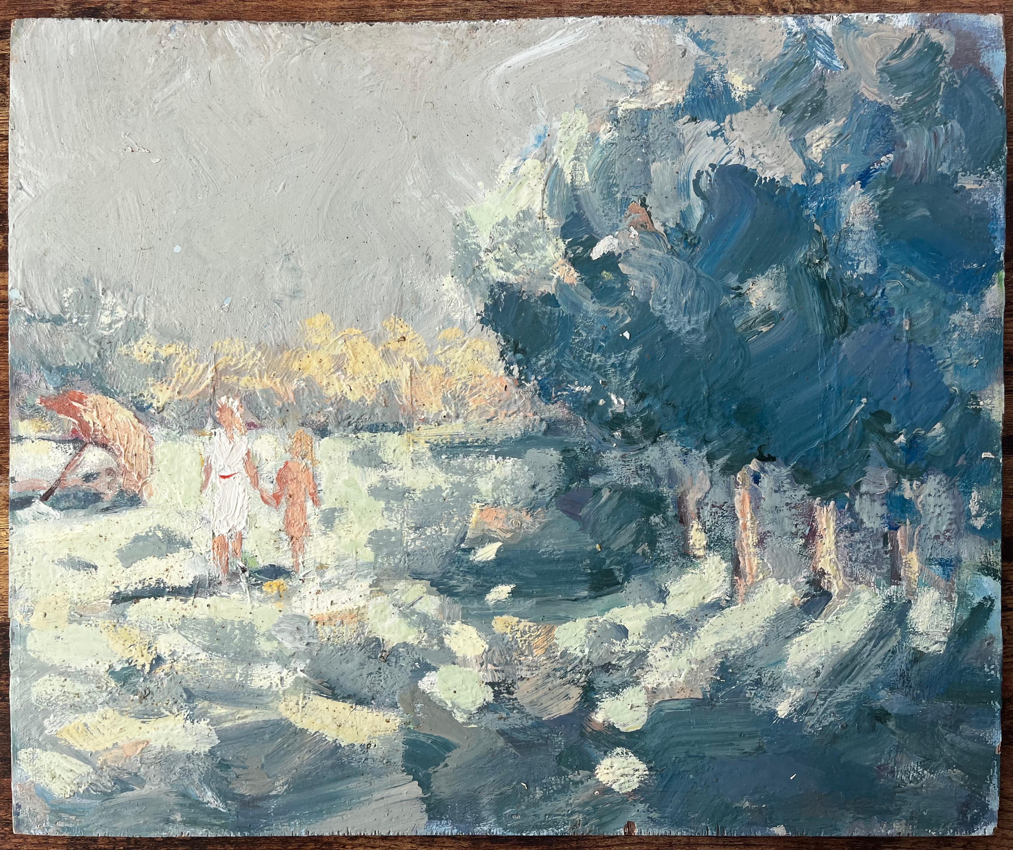 Impressionist Beach Scene at Le Mont Mauni Plestin les Grèves with Figures - Painting by Fanch Lel