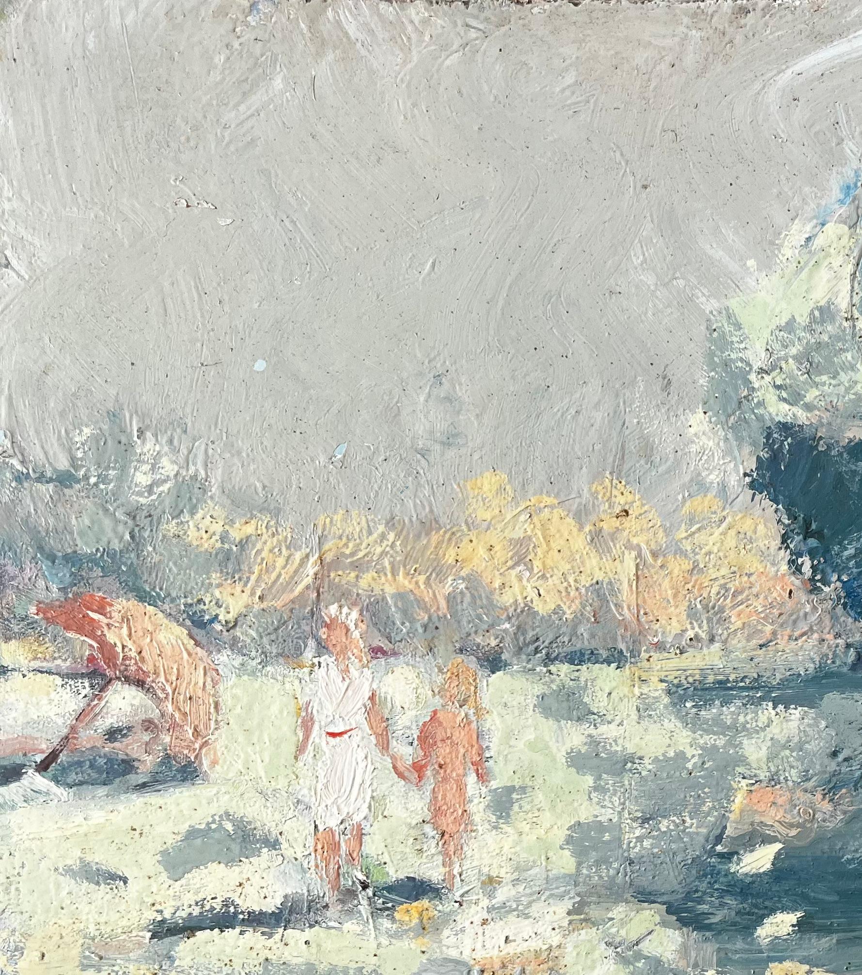 Impressionist Beach Scene at Le Mont Mauni Plestin les Grèves with Figures - Gray Abstract Painting by Fanch Lel