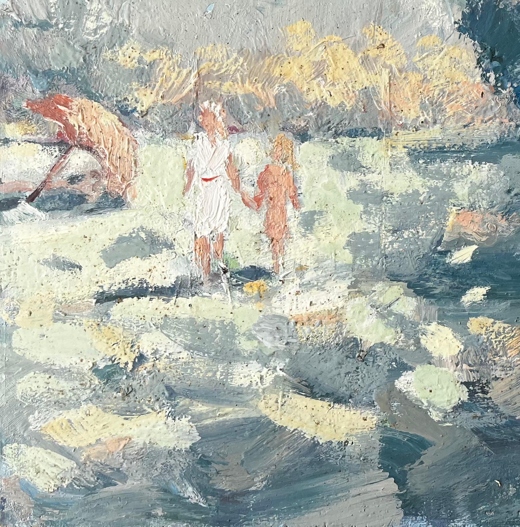 Title: Impressionist Beach Scene at Le Mont Mauni Plestin les Grèves with Figures
by Fanch Lel
Signed: Verso
Size: 14.75 x 18 inches (height x width)
Oil painting on board, unframed
Inscribed verso: Fanch Lel – “Le Mont Mauni à Plestin”
Condition: