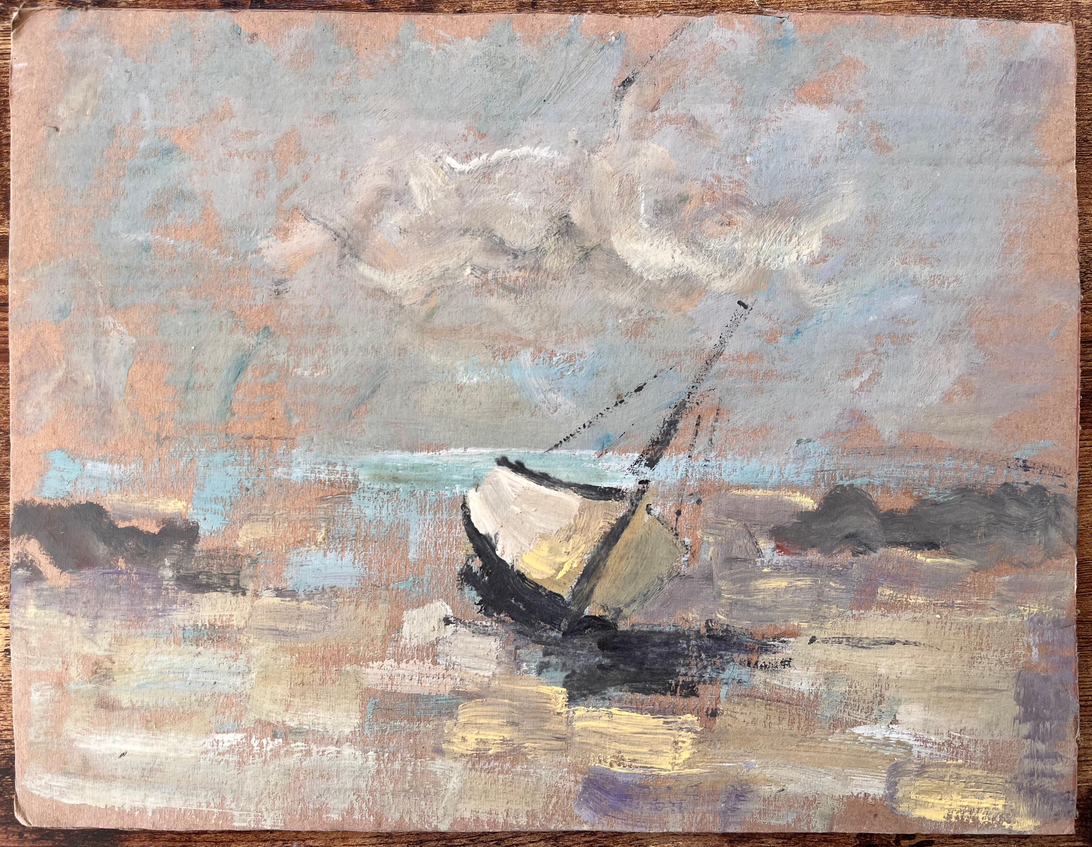 Impressionistisches Strand-Segelboot auf tiefem Tide-Schirm unter wolkenfrohem Himmel – Painting von Fanch Lel