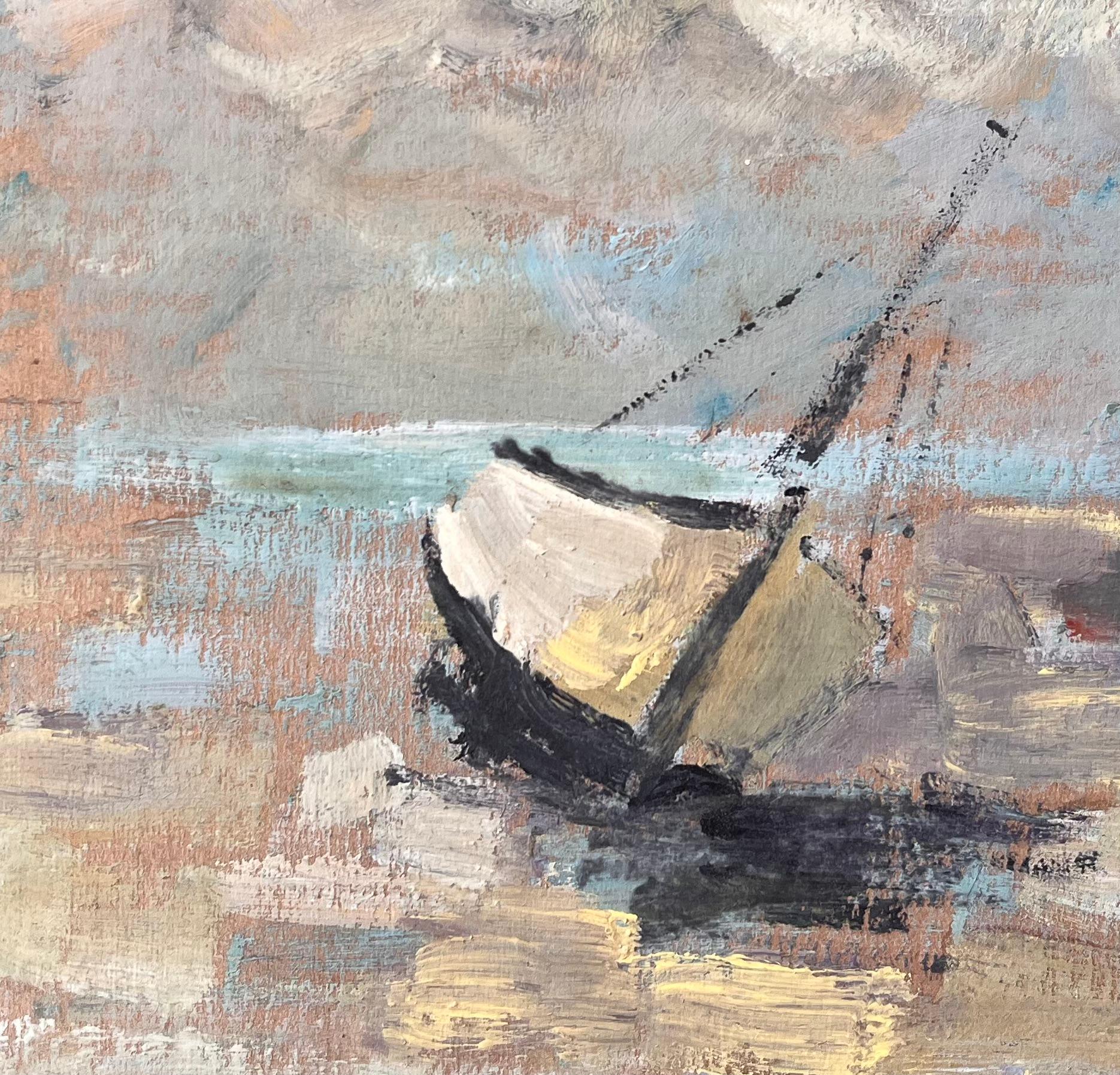 Impressionistisches Strand-Segelboot auf tiefem Tide-Schirm unter wolkenfrohem Himmel (Impressionismus), Painting, von Fanch Lel