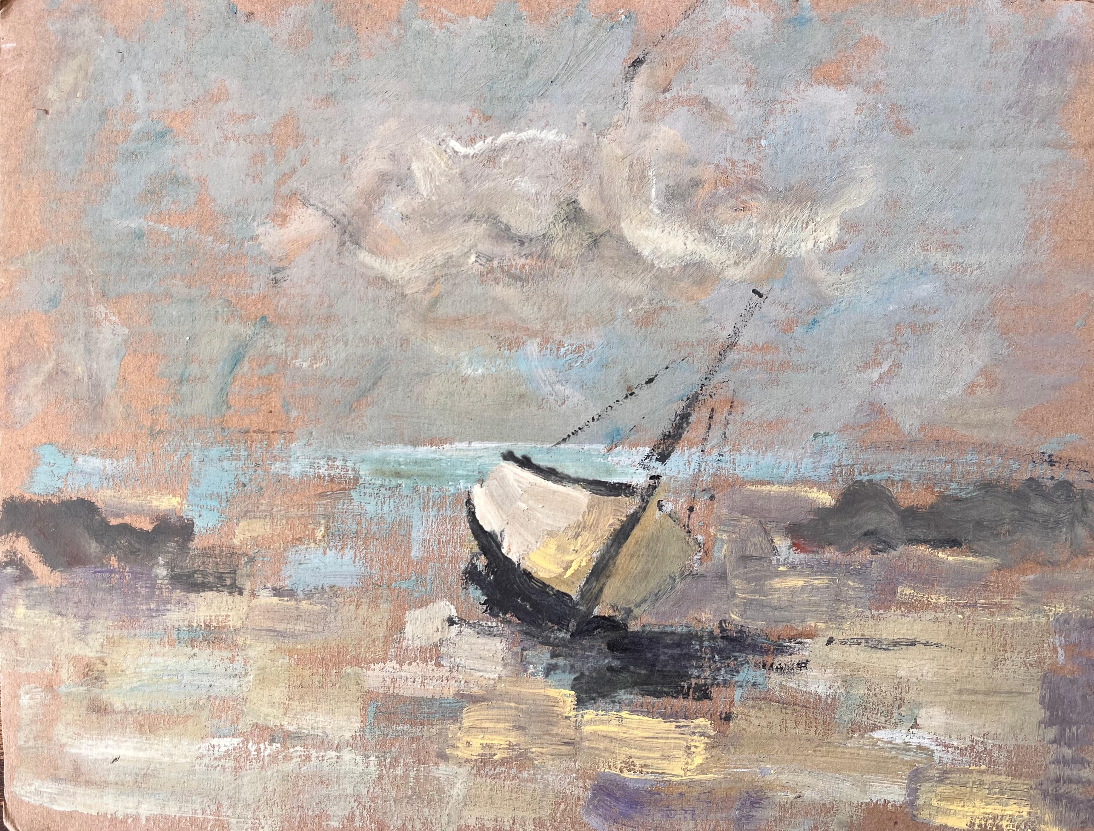 Fanch Lel Landscape Painting – Impressionistisches Strand-Segelboot auf tiefem Tide-Schirm unter wolkenfrohem Himmel