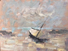 Impressionist Beached Sailboat on Low Tide Shore under Cloudy Sky