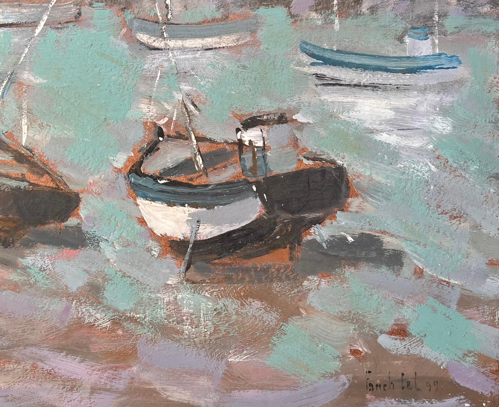 Impressionistische Boote am Meer mit Gulls und Misty Coastal Village (Impressionismus), Painting, von Fanch Lel