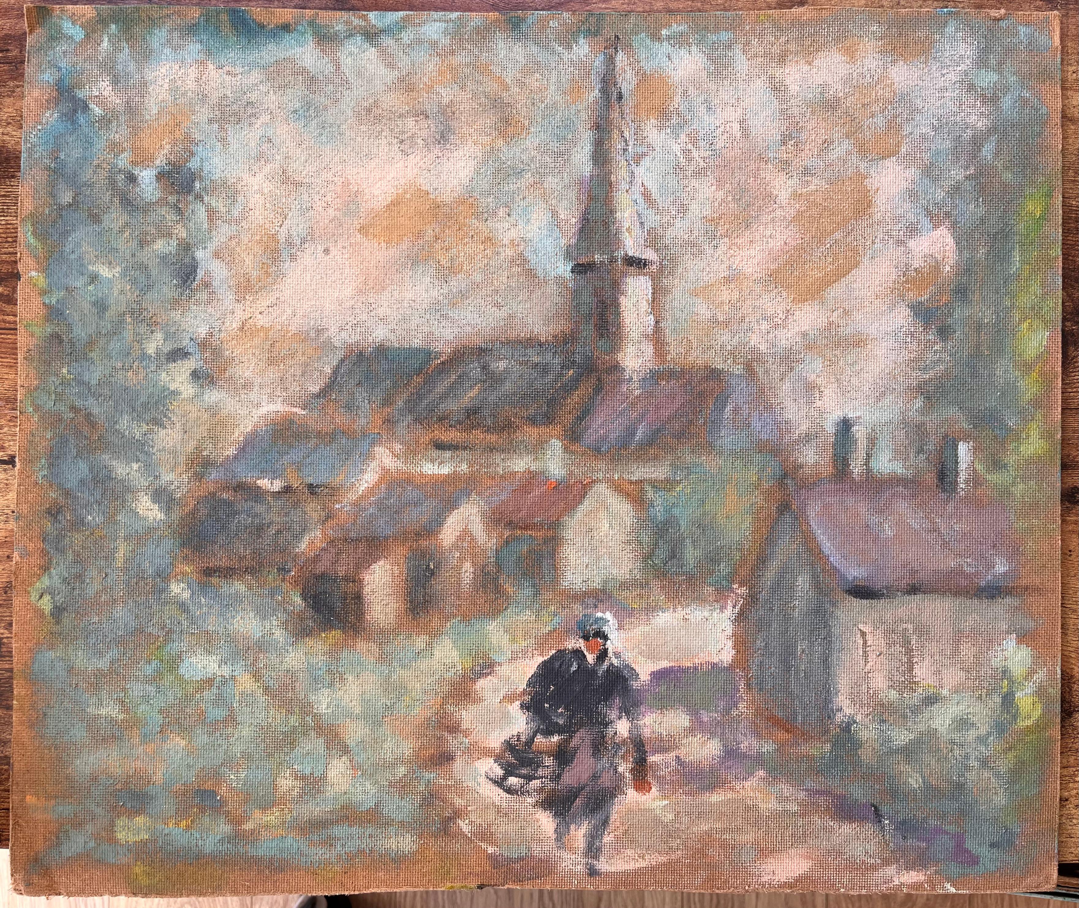 Impressionistische Boote am Meer mit Gulls und Misty Coastal Village im Angebot 3