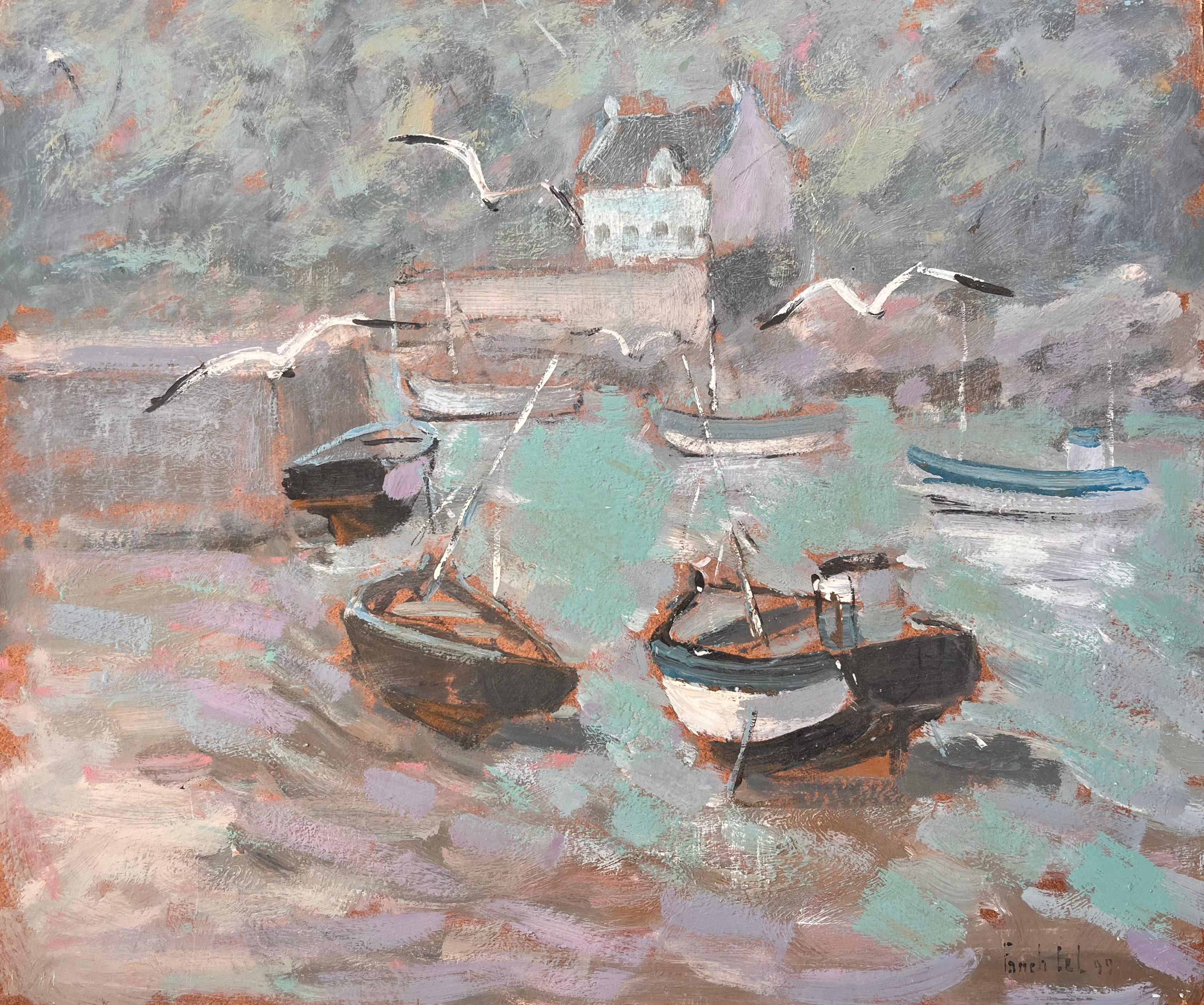 Fanch Lel Abstract Painting – Impressionistische Boote am Meer mit Gulls und Misty Coastal Village