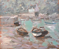Vintage Impressionist Boats in Seaside Harbour with Gulls and Misty Coastal Village
