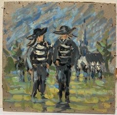 Pescatore bretone impressionista in costume tradizionale vicino a una chiesa costiera