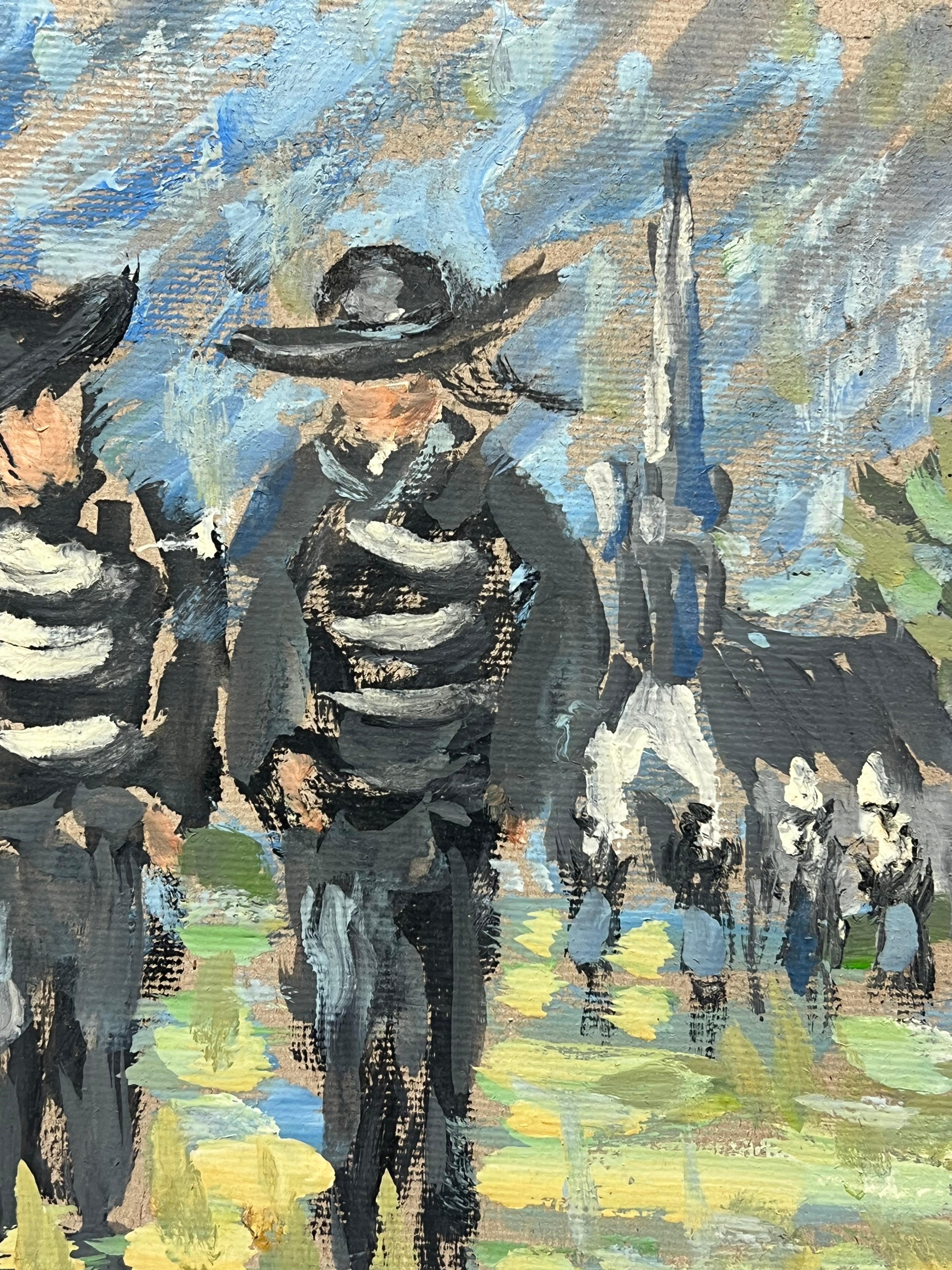 Impressionist Breton Fisherman In Traditional Costume Near Coastal Church - Gray Figurative Painting by Fanch Lel