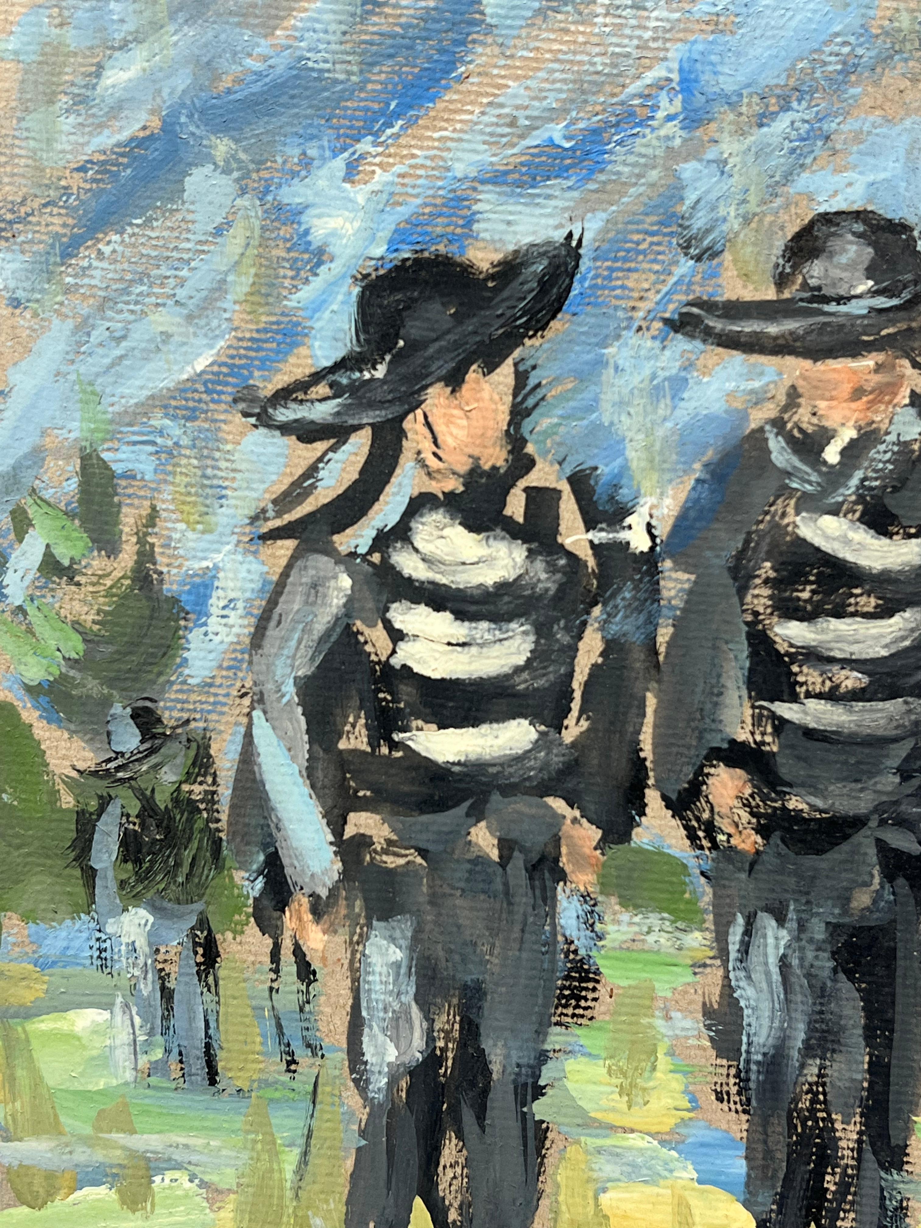 Breton Fishermen 
by Fanch Lel (French b. 1930)
size: 9.25 x 9.5 inches
gouache painting on board, unframed
condition: the painting is in very good condition. It has previously been stored in the artists studio. 

Provenance: all the paintings we