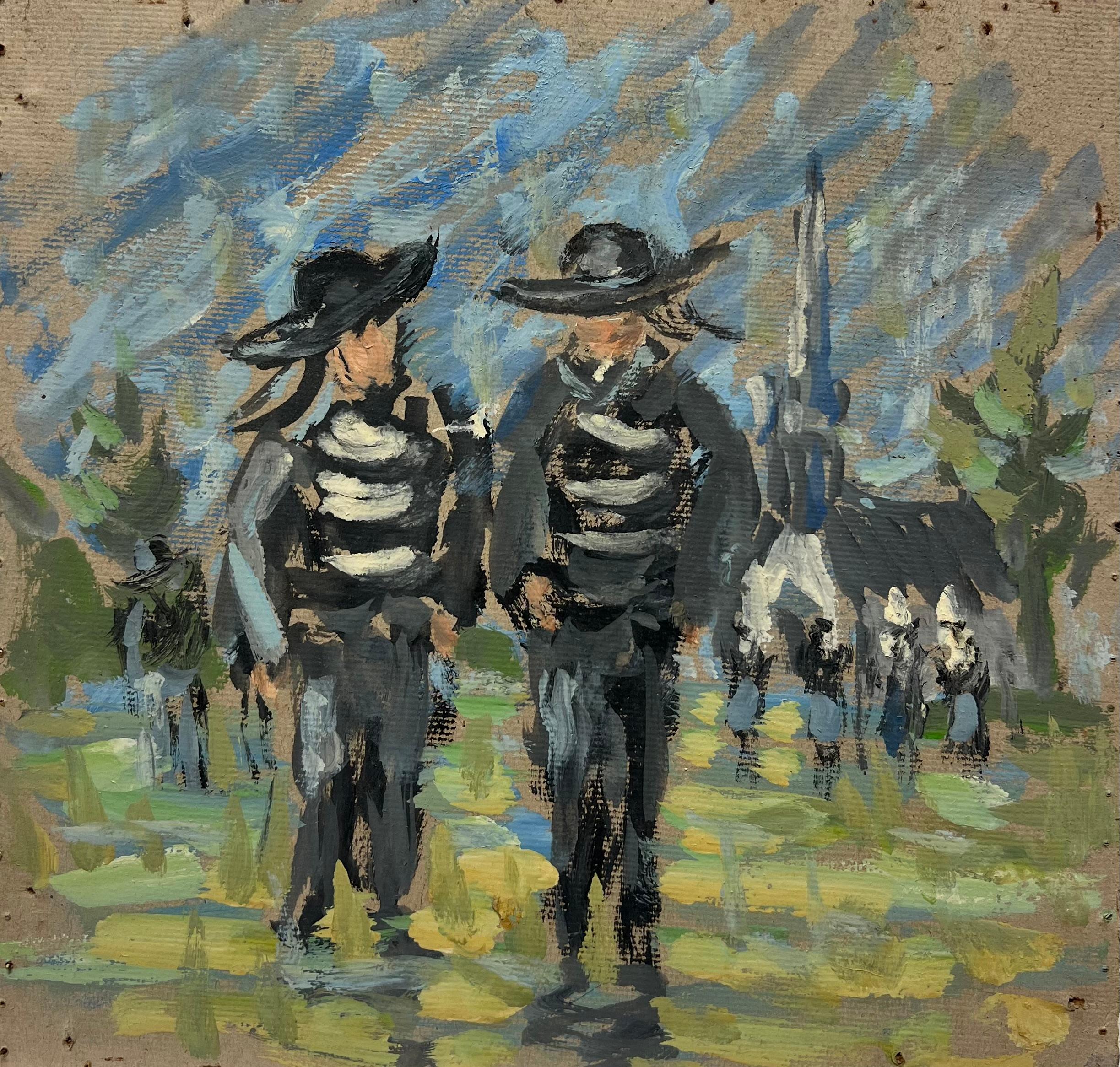Fanch Lel Figurative Painting - Impressionist Breton Fisherman In Traditional Costume Near Coastal Church
