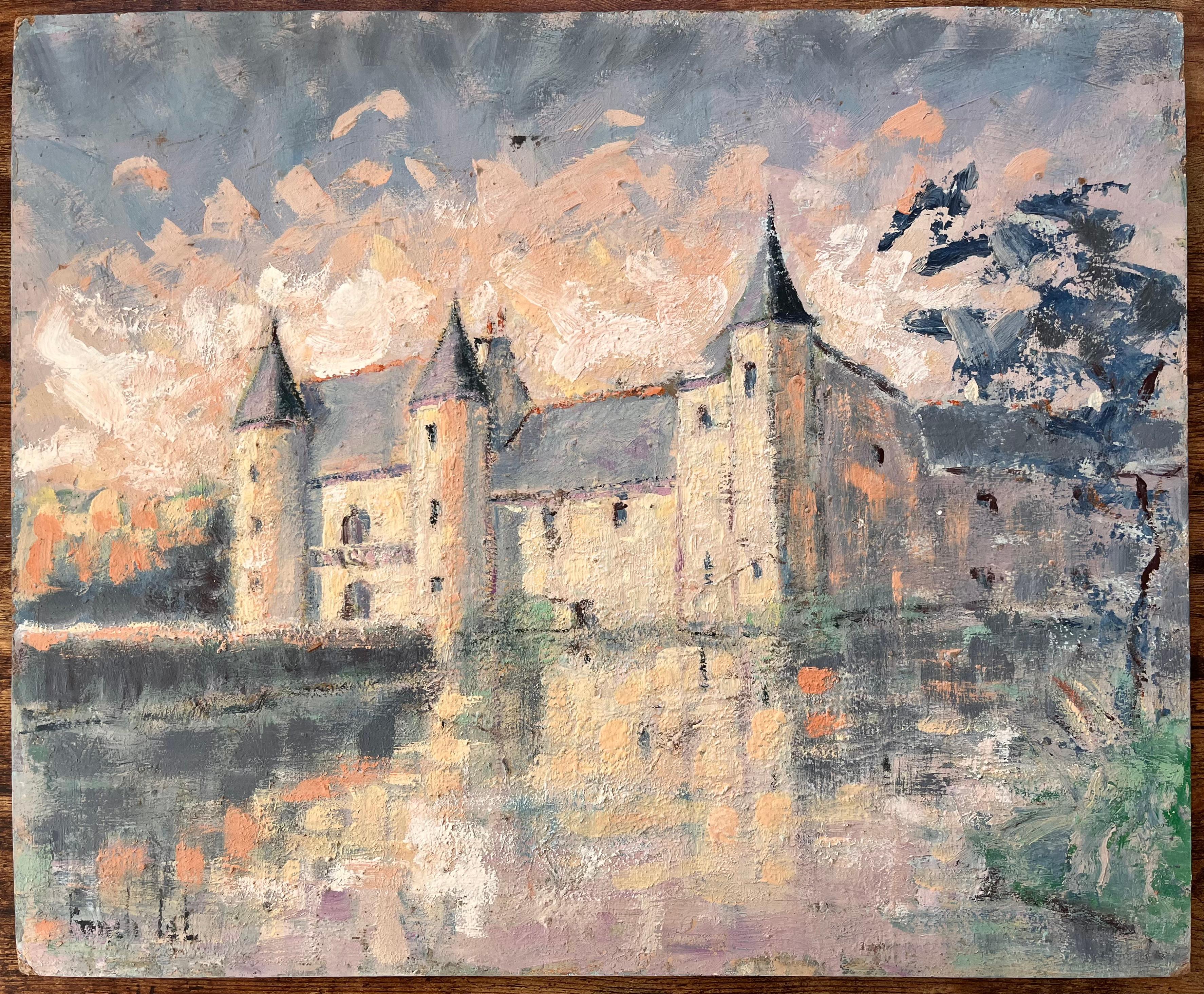 Impressionist Castle on Lake at Sunset with Reflections and Soft Pastel Sky - Painting by Fanch Lel