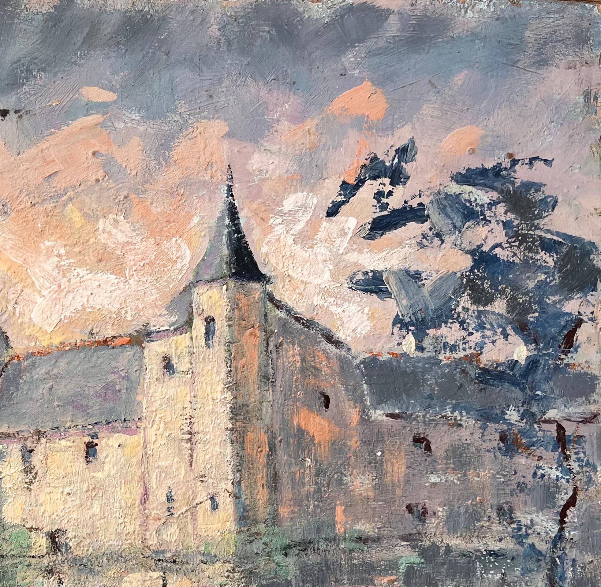Impressionist Castle on Lake at Sunset with Reflections and Soft Pastel Sky - Brown Abstract Painting by Fanch Lel