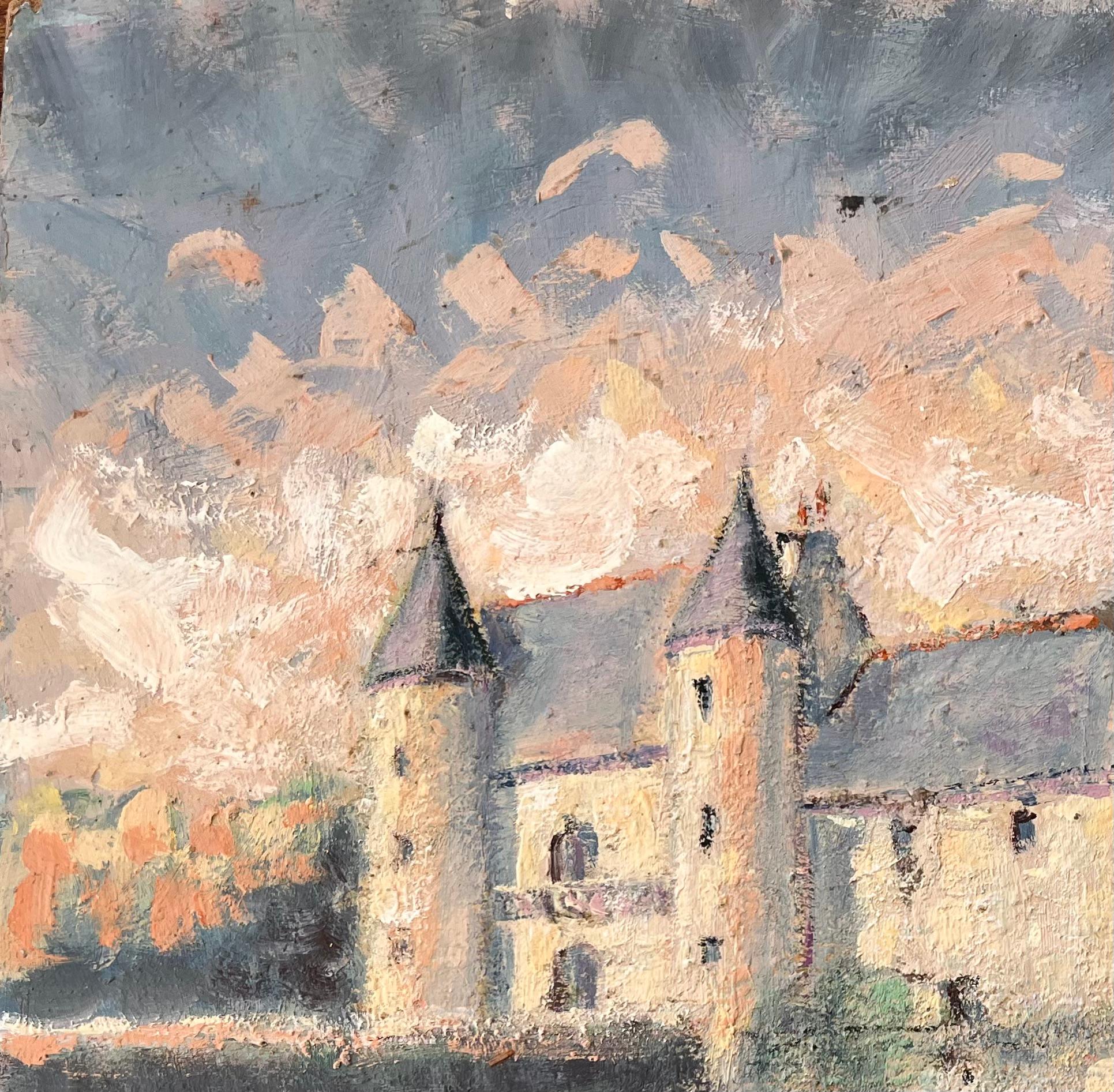 Title: Impressionist Castle on Lake at Sunset with Reflections and Soft Pastel Sky
By Fanch Lel
Signed: Yes
Size: 17.75 x 21.5 inches (height x width)
Oil painting on board, unframed
Condition: The painting is in good condition with expressive