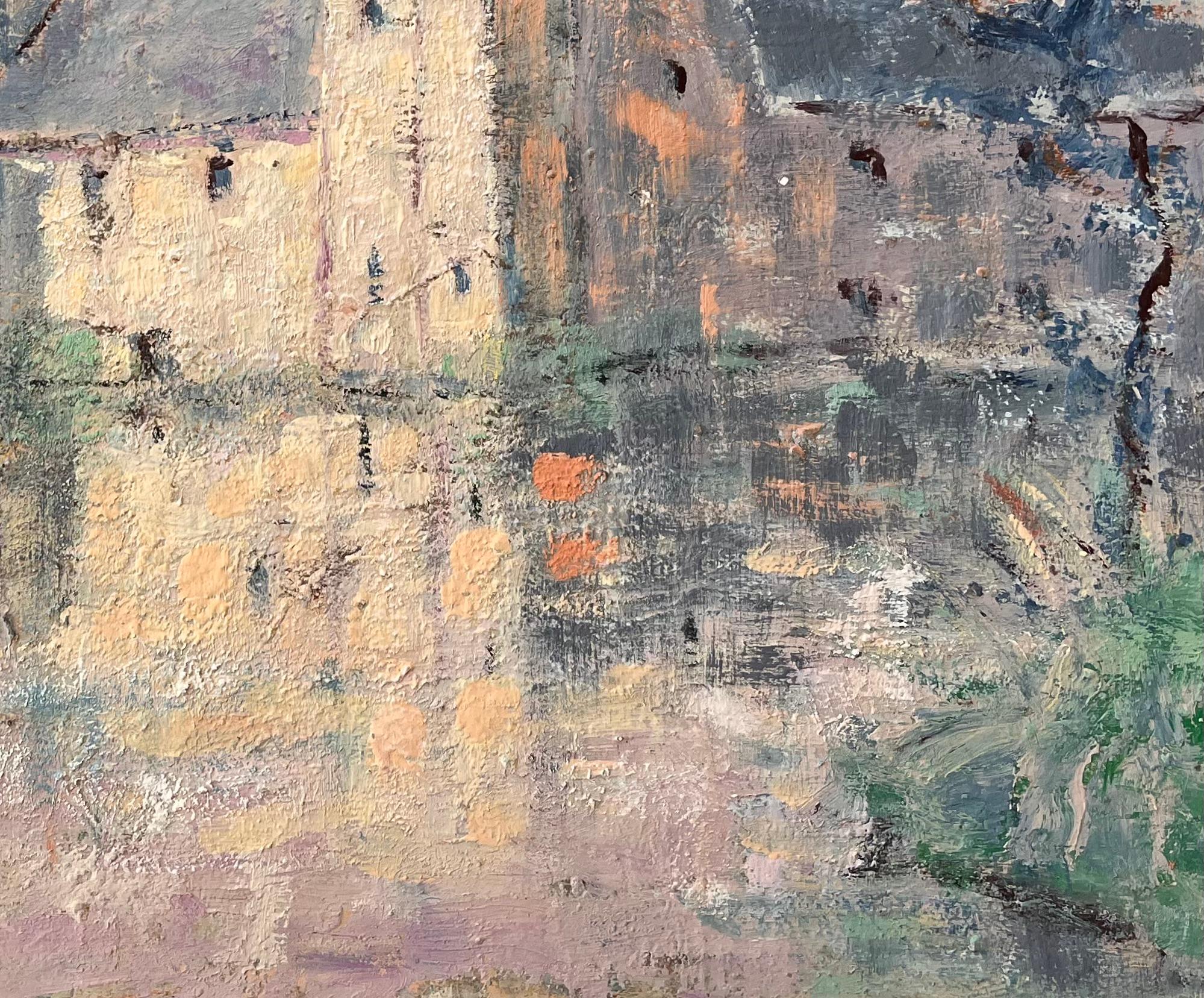 Impressionist Castle on Lake at Sunset with Reflections and Soft Pastel Sky For Sale 1