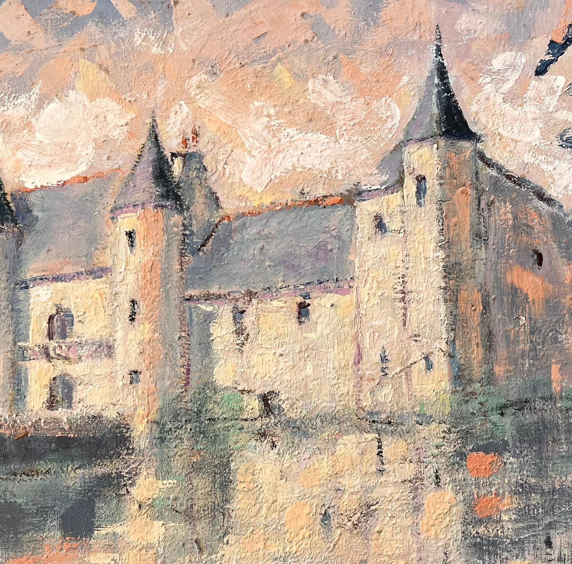 Impressionist Castle on Lake at Sunset with Reflections and Soft Pastel Sky For Sale 2