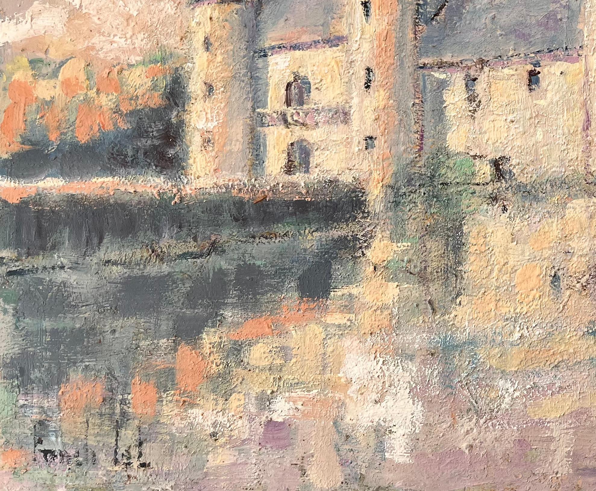 Impressionist Castle on Lake at Sunset with Reflections and Soft Pastel Sky For Sale 3