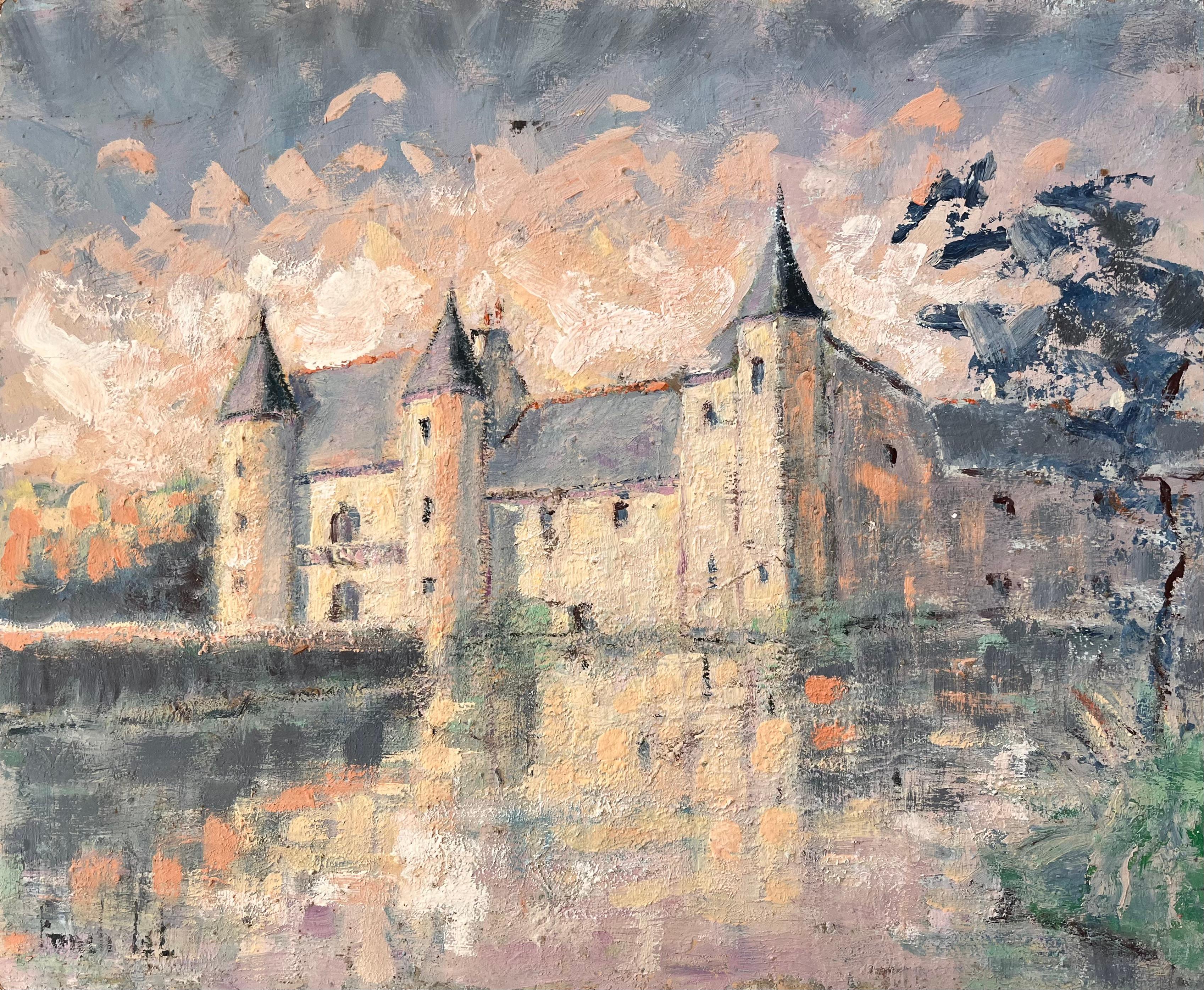 Impressionist Castle on Lake at Sunset with Reflections and Soft Pastel Sky