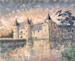 Impressionist Castle on Lake at Sunset with Reflections and Soft Pastel Sky