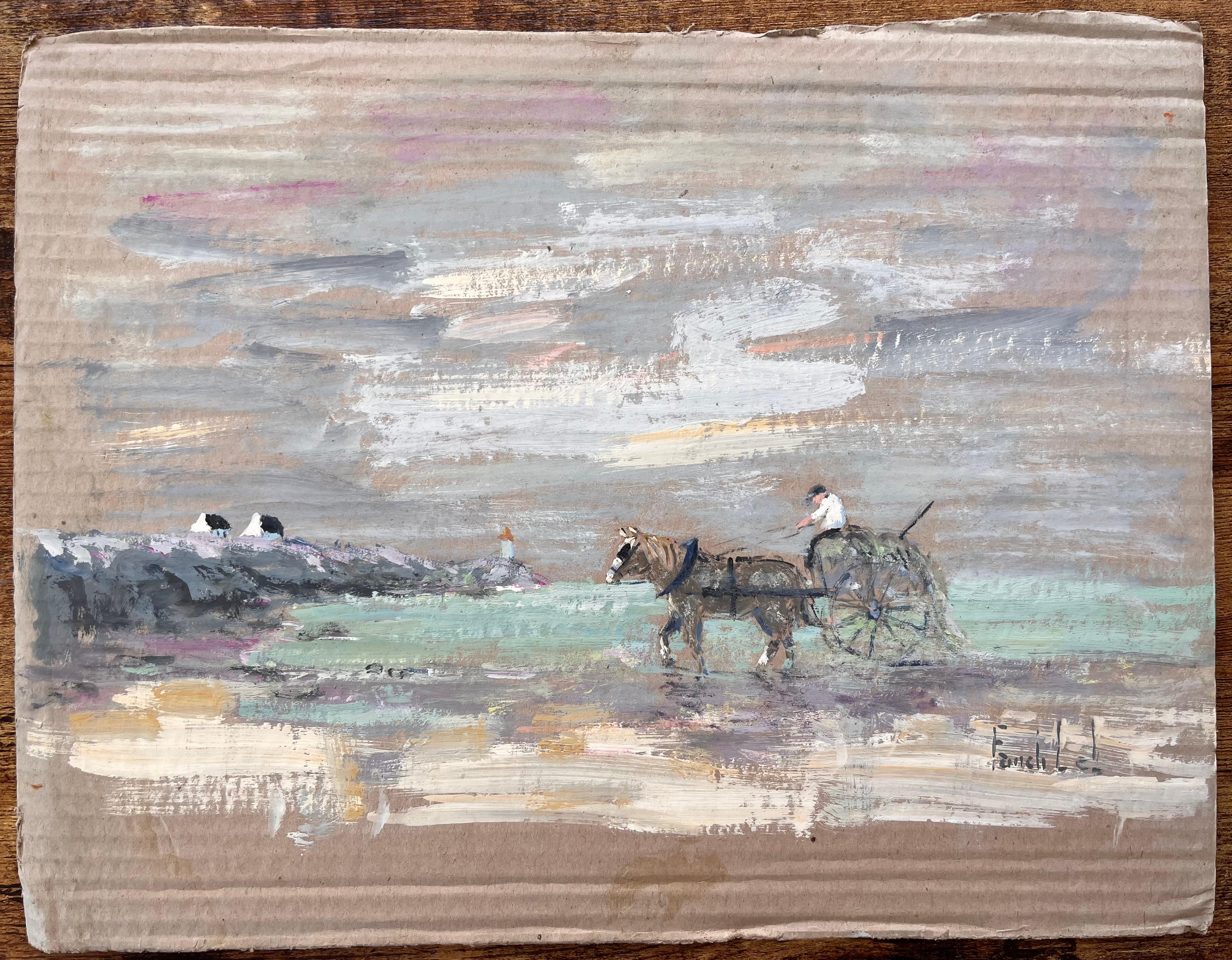 Impressionist Coastal Farm Scene with Horse Cart Driver Cottages and Moody Sky - Painting by Fanch Lel