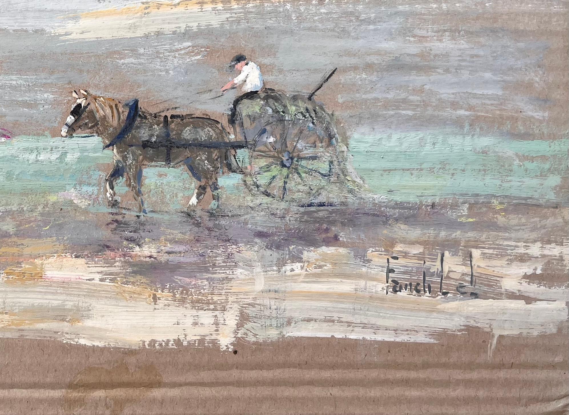 Impressionist Coastal Farm Scene with Horse Cart Driver Cottages and Moody Sky - Gray Landscape Painting by Fanch Lel