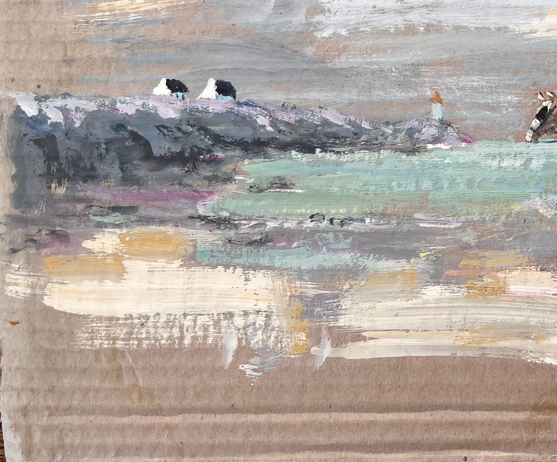 Title: Impressionist Coastal Farm Scene with Horse Cart Driver Cottages and Moody Sky
By Fanch Lel
Signed: Yes
Size: 11.25 x 14.5 inches (height x width)
Gouache painting on cardboard, unframed
Condition: The painting is in good condition with