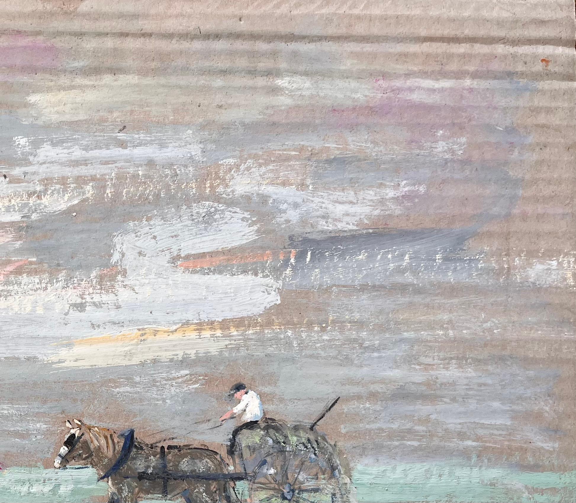Impressionist Coastal Farm Scene with Horse Cart Driver Cottages and Moody Sky For Sale 1