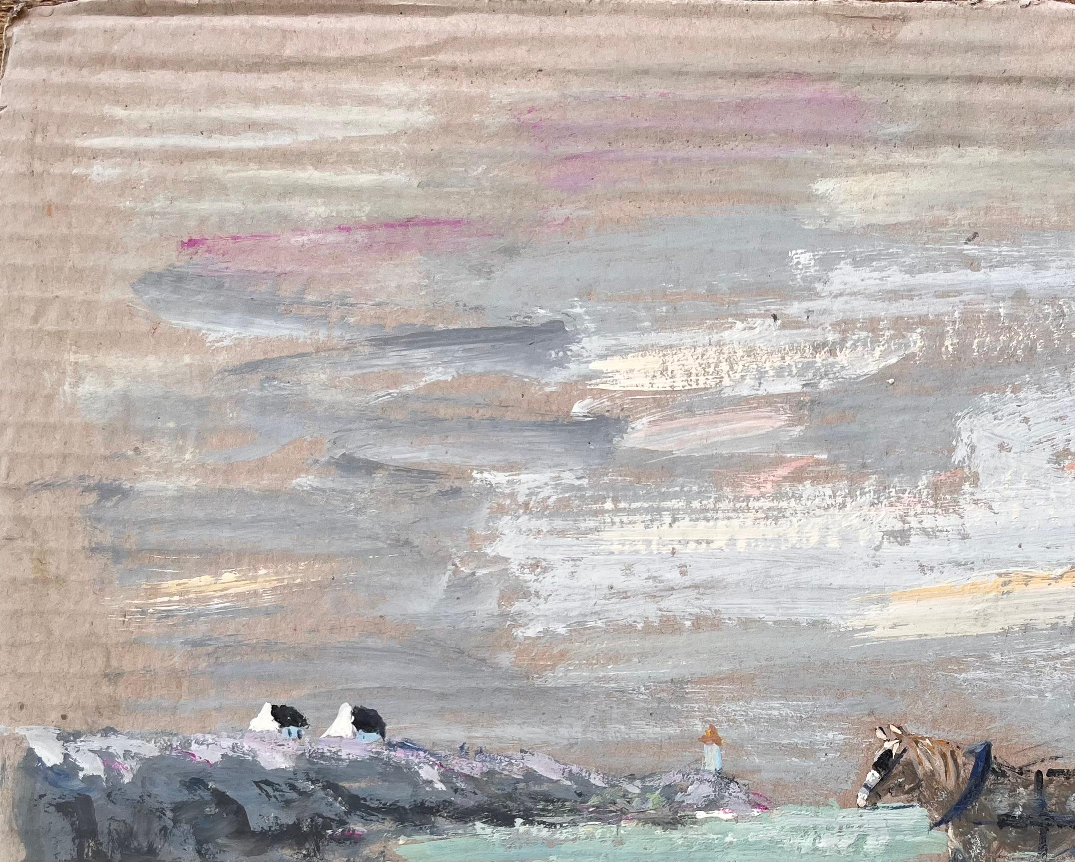 Impressionist Coastal Farm Scene with Horse Cart Driver Cottages and Moody Sky For Sale 2