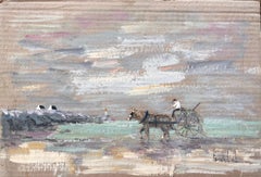 Impressionist Coastal Farm Scene with Horse Cart Driver Cottages and Moody Sky