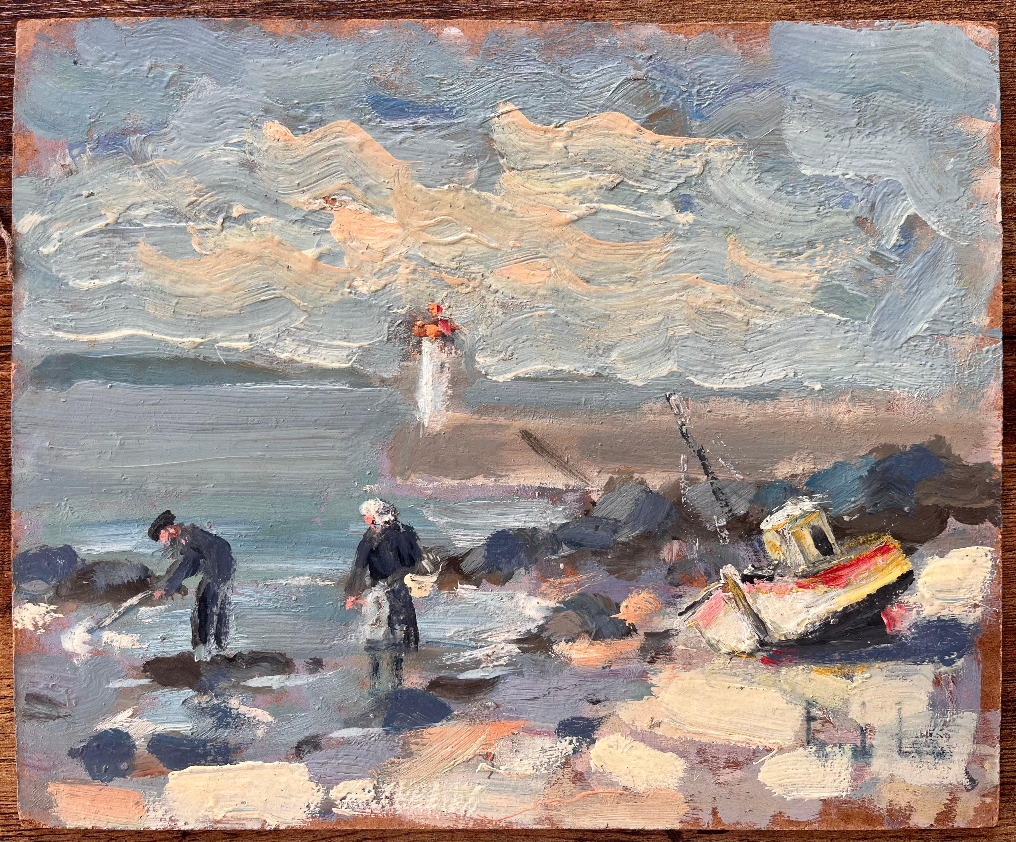 Impressionistische Küsten-Fischenszene mit Leuchtturm und Strandboot in Erquy, Impressionistischer Stil – Painting von Fanch Lel