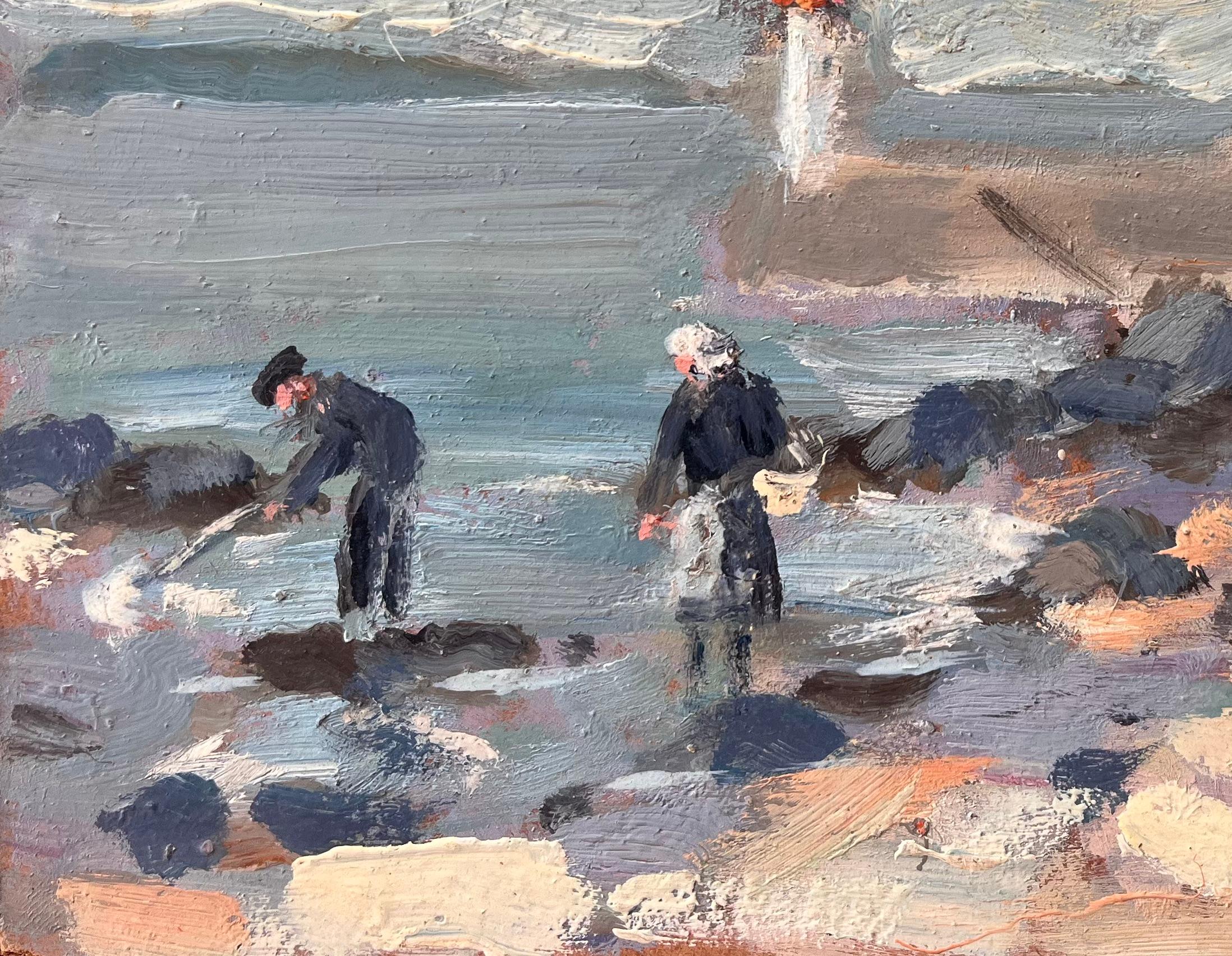 Impressionistische Küsten-Fischenszene mit Leuchtturm und Strandboot in Erquy, Impressionistischer Stil (Impressionismus), Painting, von Fanch Lel