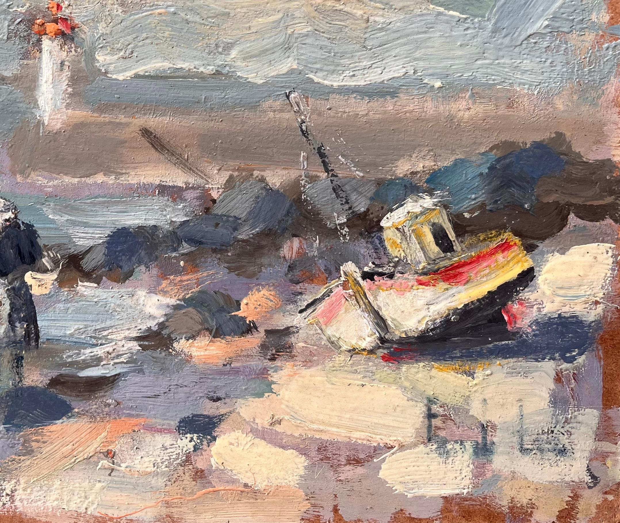 Impressionistische Küsten-Fischenszene mit Leuchtturm und Strandboot in Erquy, Impressionistischer Stil (Grau), Landscape Painting, von Fanch Lel