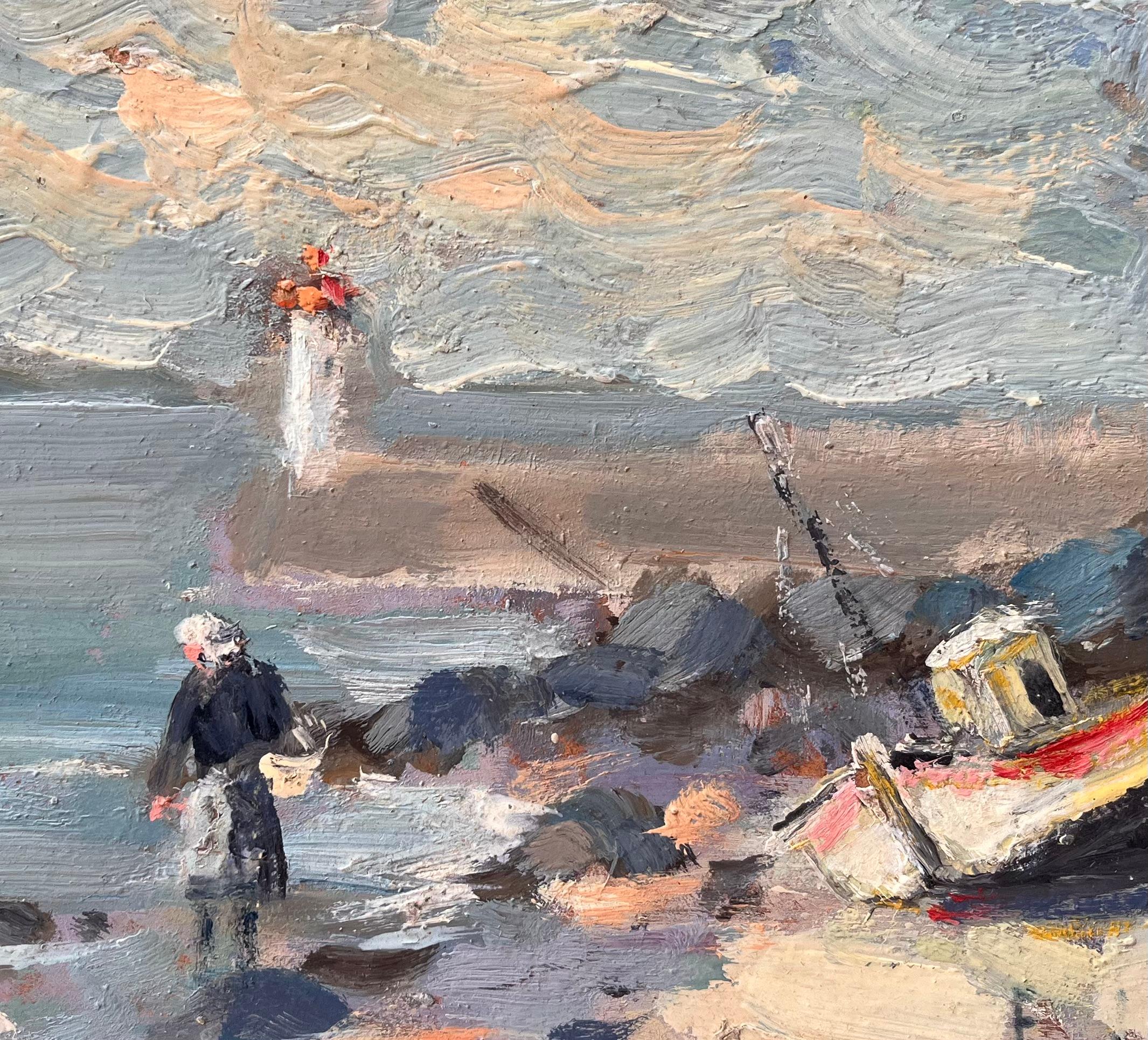 Impressionistische Küsten-Fischenszene mit Leuchtturm und Strandboot in Erquy, Impressionistischer Stil im Angebot 2