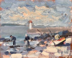 Impressionist Coastal Fishing Scene with Lighthouse and Beached Boat in Erquy