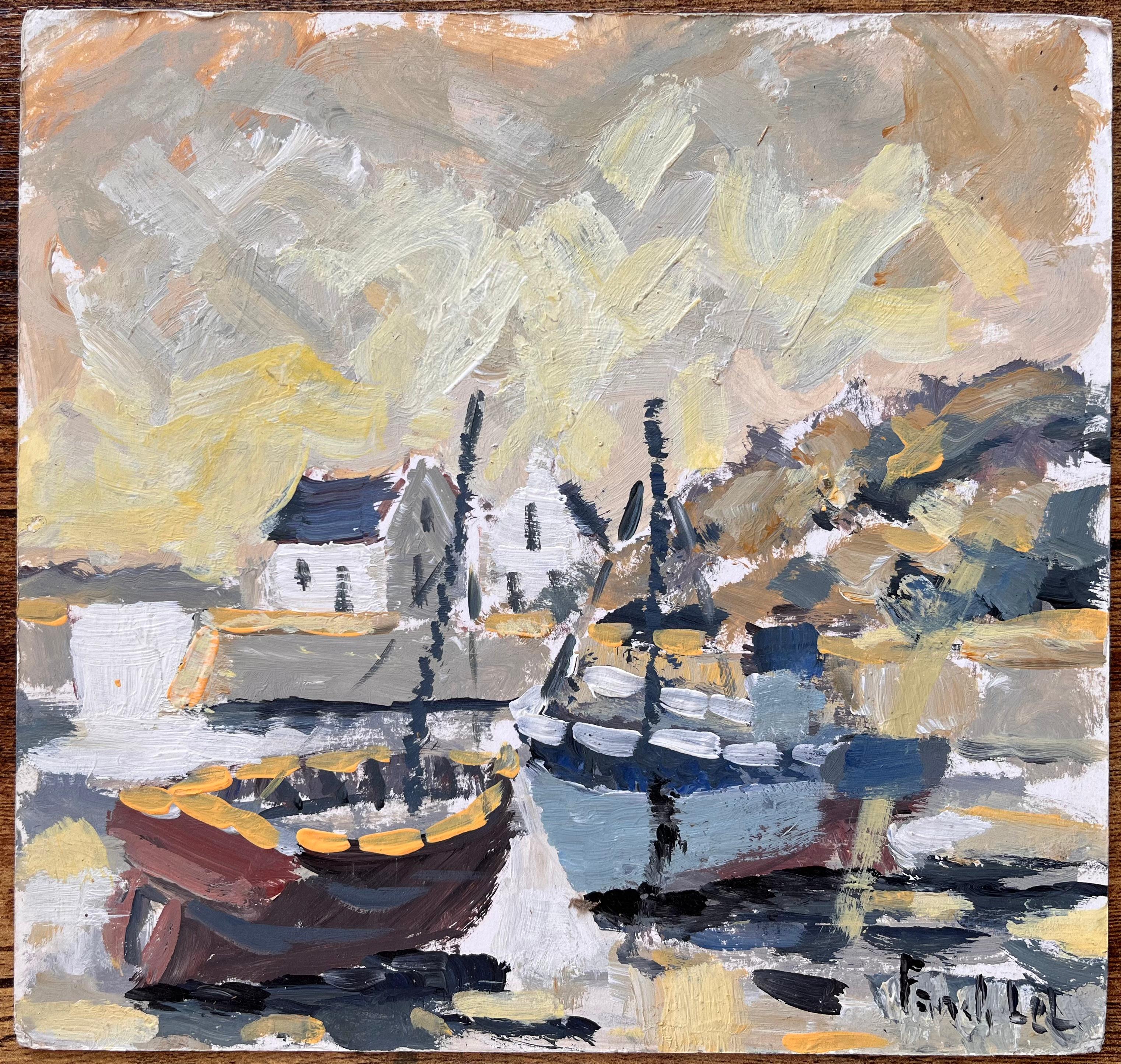Impressionist Coastal Fishing Village with Moored Boats in Ouessant in Brittany - Painting by Fanch Lel