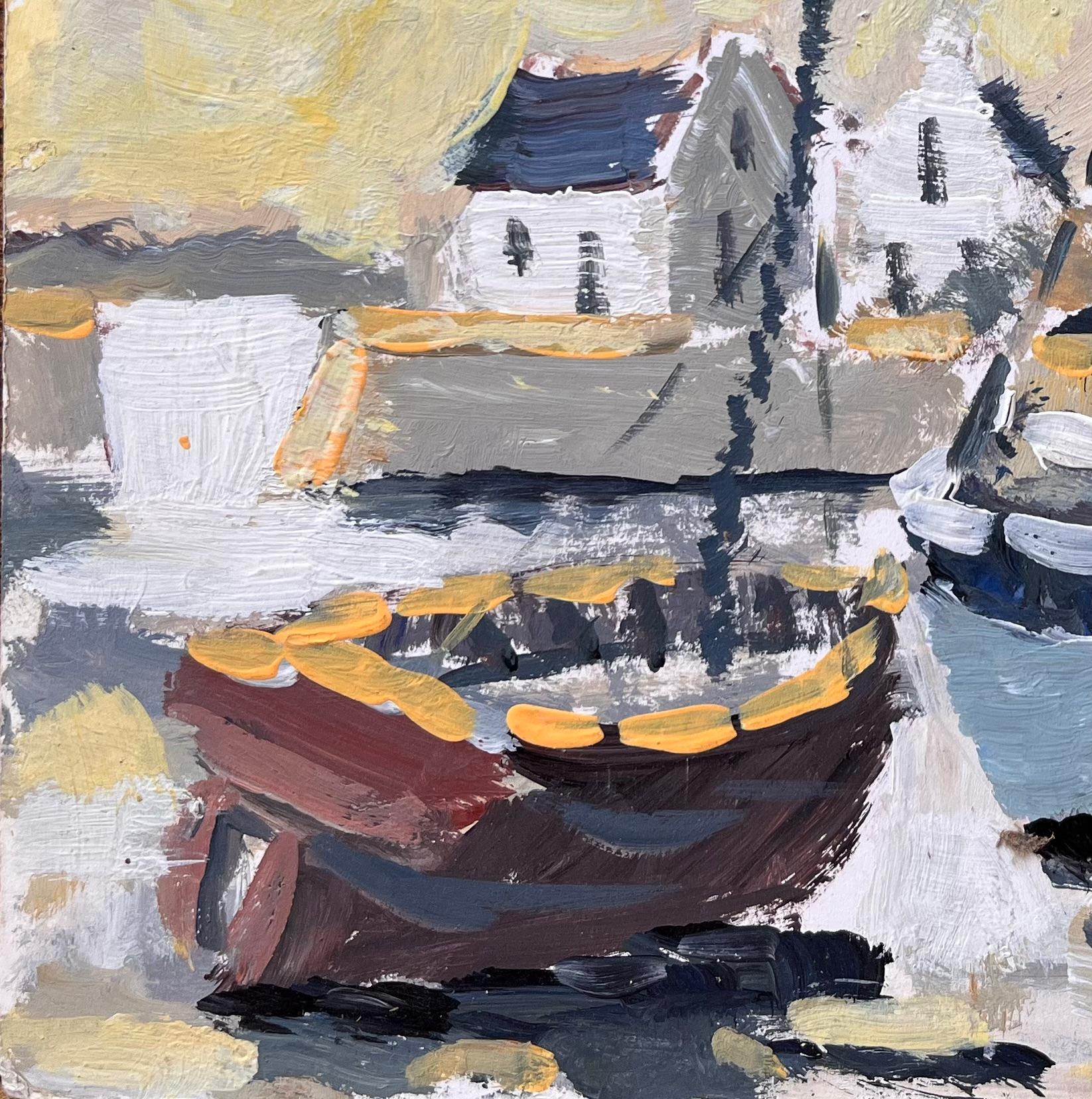 Impressionist Coastal Fishing Village with Moored Boats in Ouessant in Brittany - Gray Landscape Painting by Fanch Lel