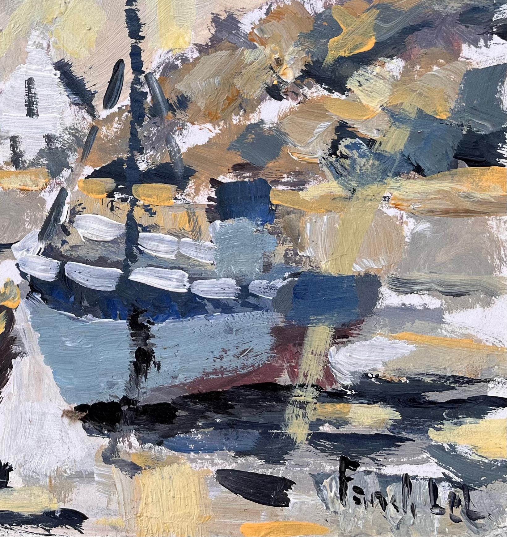 Title: Impressionist Coastal Fishing Village with Moored Boats in Ouessant in Brittany
by Fanch Lel
Signed: Yes
Size: 8.25 inches (height) x 8.75 inches (width)
Medium: Oil on board, unframed
Condition: The painting is in good condition with slight
